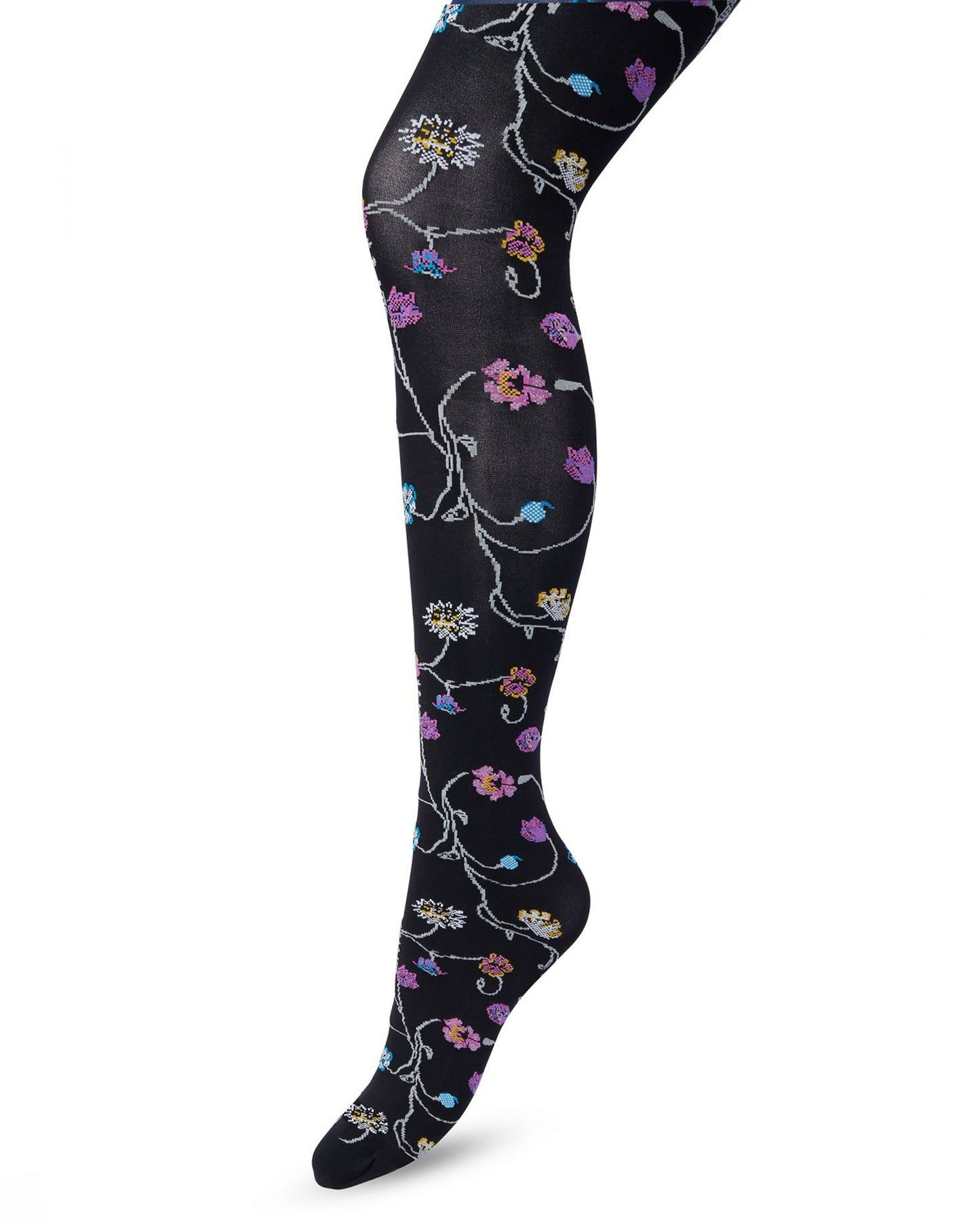 Bonnie Doon Floral Tights - Soft black opaque fashion tights with a multicoloured woven floral pattern