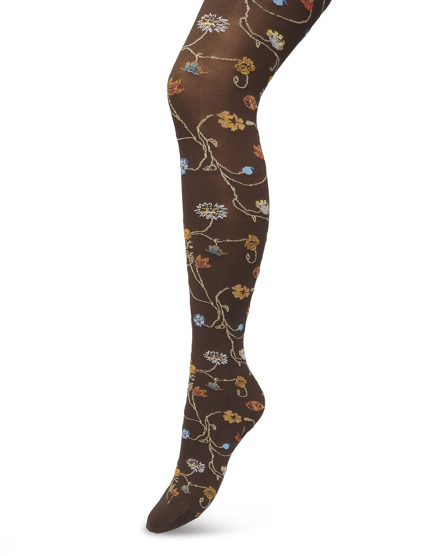 Bonnie Doon Floral Tights - Soft brown opaque fashion tights with a multicoloured woven floral pattern