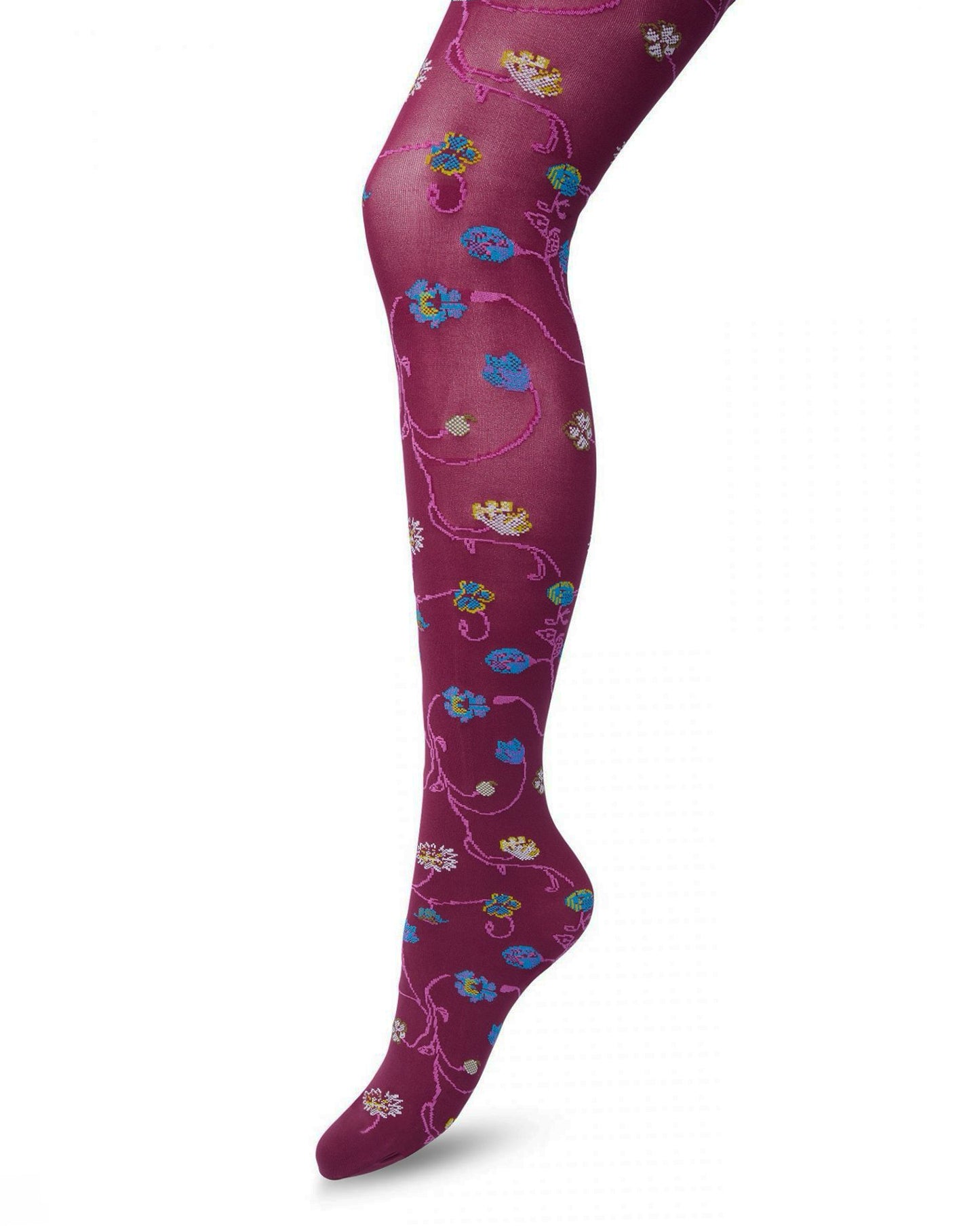 Bonnie Doon Floral Tights - Soft dark pink wine opaque fashion tights with a multicoloured woven floral pattern