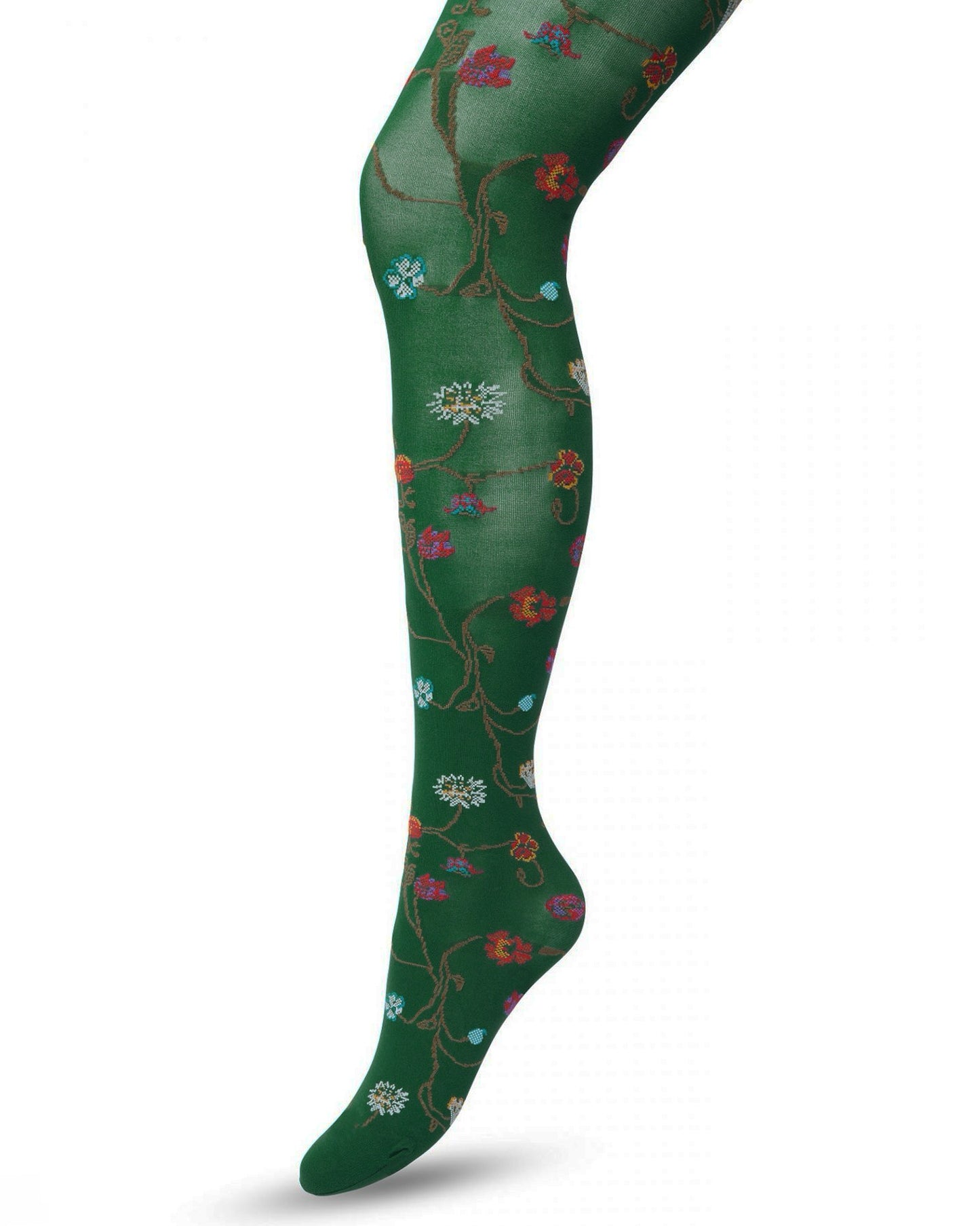 Bonnie Doon Floral Tights - Soft dark green (trekking) opaque fashion tights with a multicoloured woven floral pattern