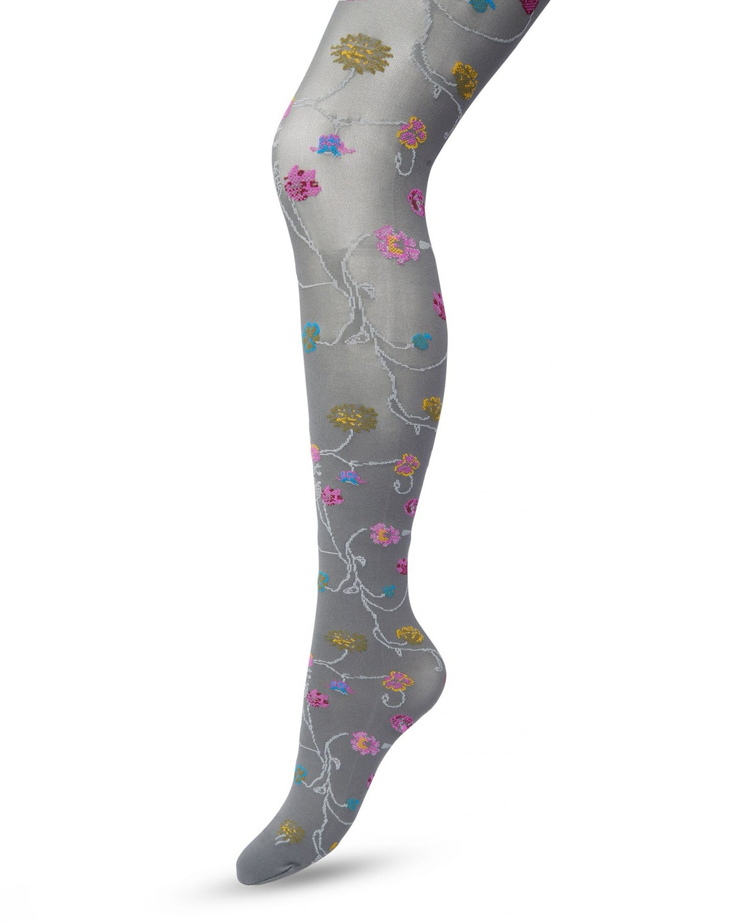 Bonnie Doon Floral Tights - Light grey opaque fashion tights with a multicoloured woven floral pattern