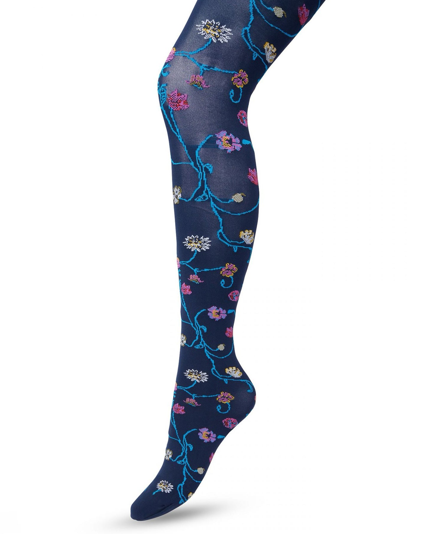 Bonnie Doon Floral Tights - Soft navy blue opaque fashion tights with a multicoloured woven floral pattern