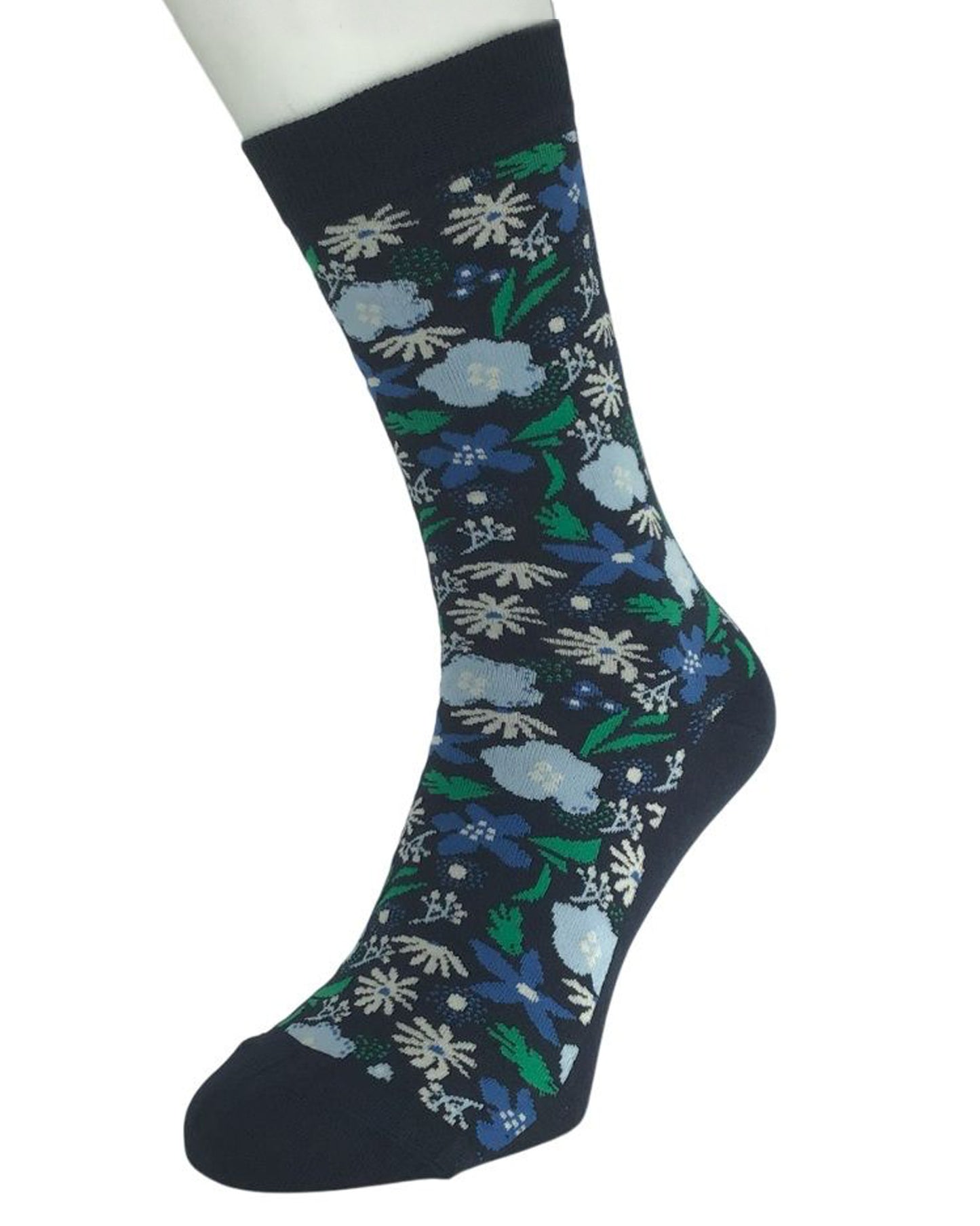 Navy blue cotton socks with colourful floral patterned on a white background