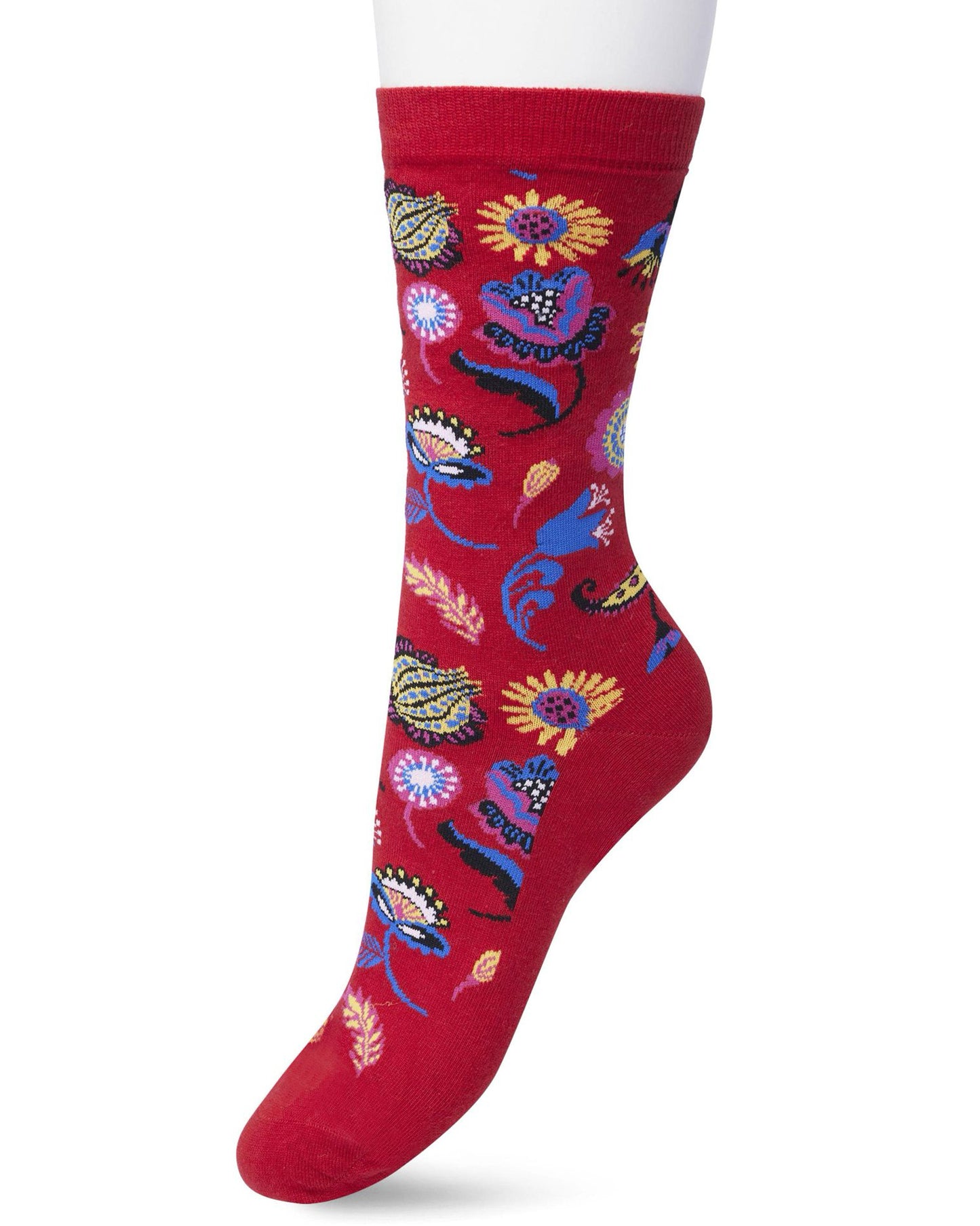 Bonnie Doon BP211121 Flower Fantasy Sock - Red cotton ankle socks with a woven multicoloured floral pattern.