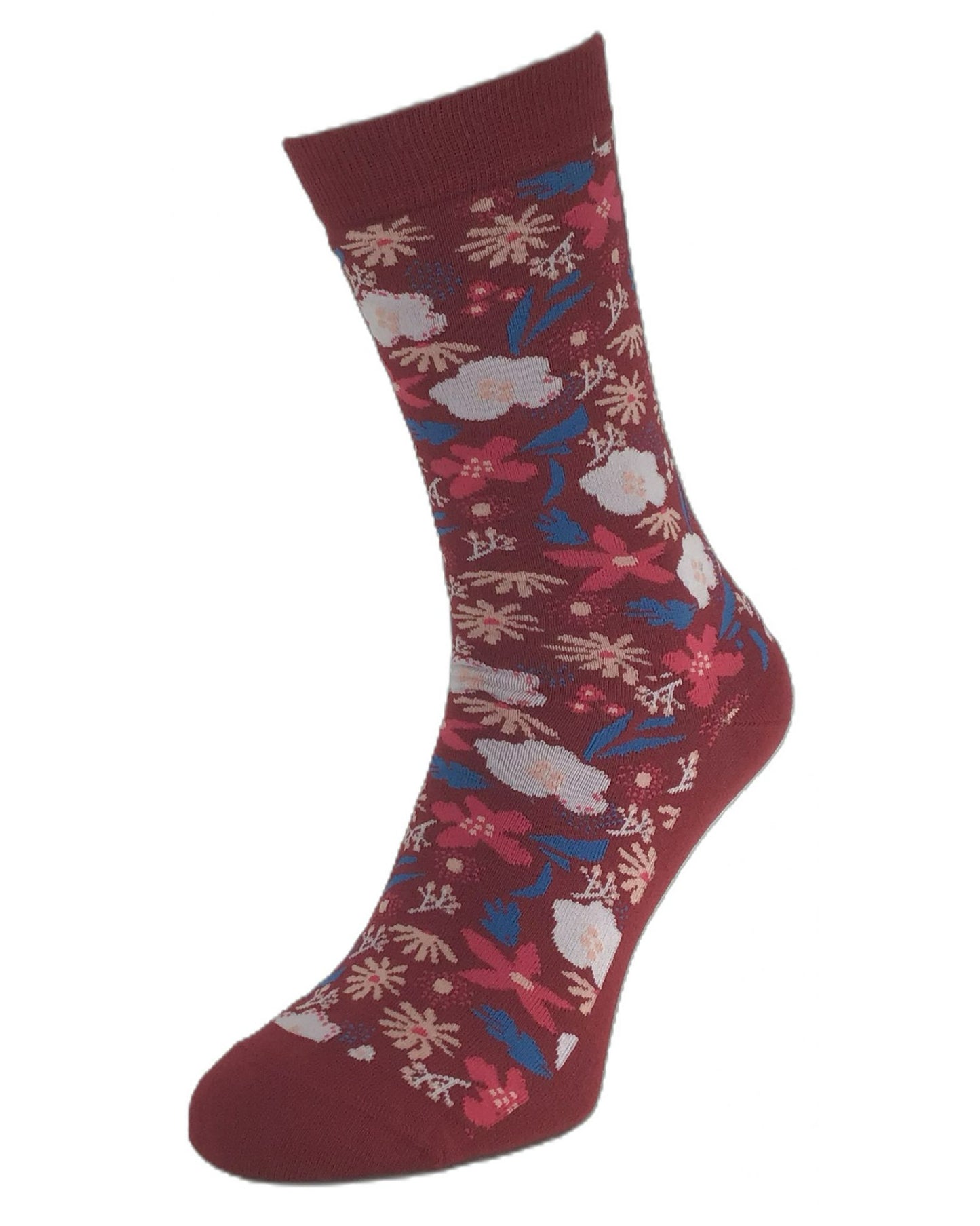 Maroon red cotton socks with colourful floral patterned on a white background