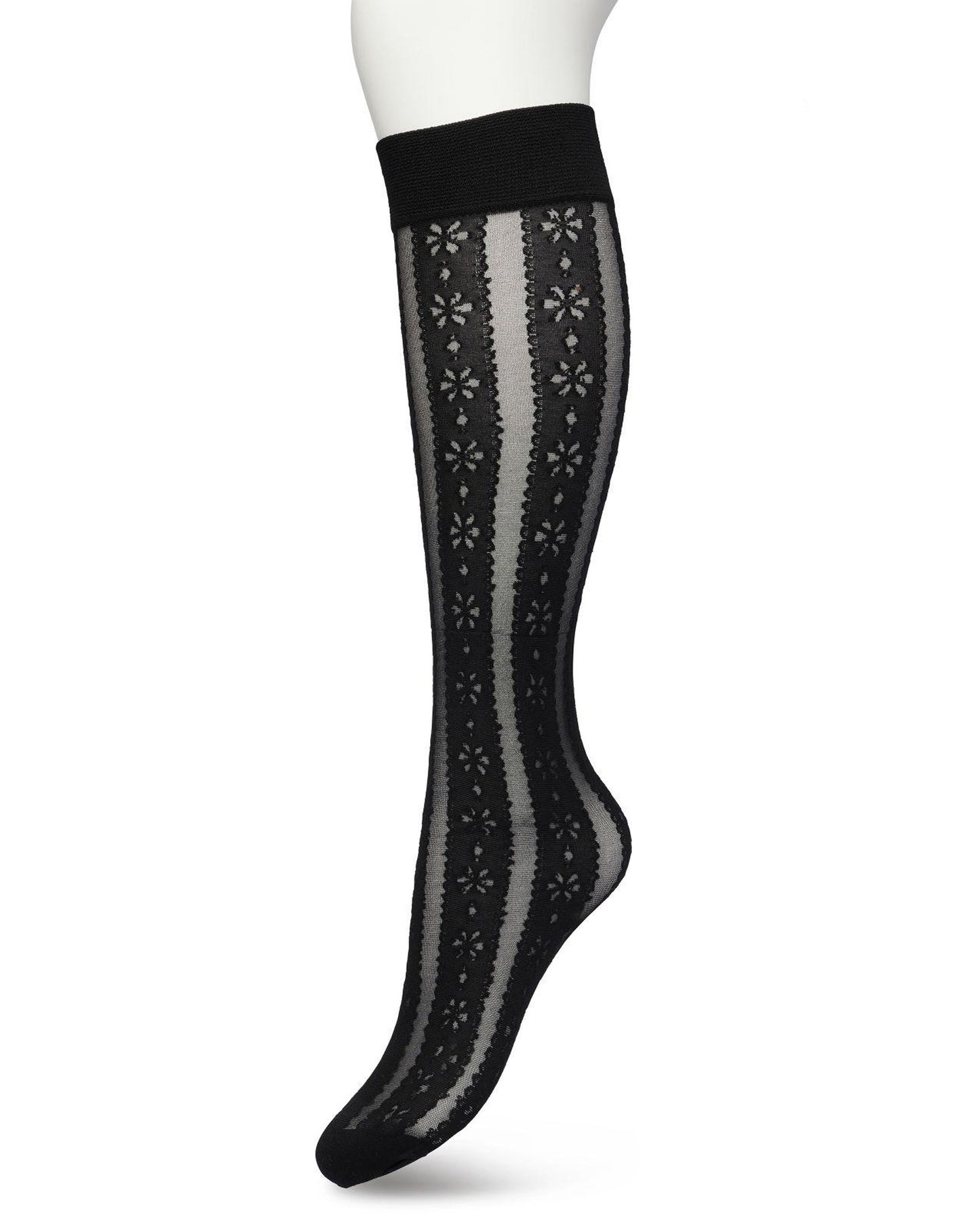 Bonnie Doon Flower Stripe Knee-Highs - Black fashion knee-high socks with a vertical stripe pattern with a flower and dot design with scalloped edge, reinforced toe and deep elasticated comfort cuff