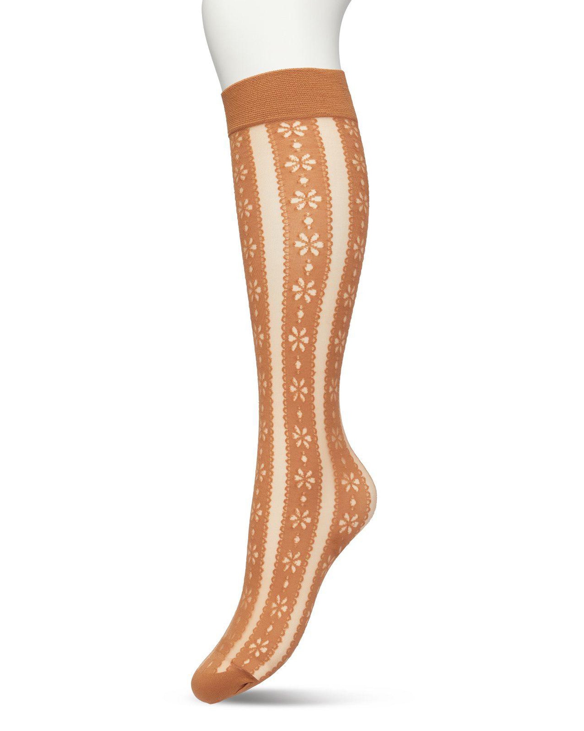Bonnie Doon Flower Stripe Knee-Highs - Camel rust coloured fashion knee-high socks with a vertical stripe pattern with a flower and dot design with scalloped edge, reinforced toe and deep elasticated comfort cuff