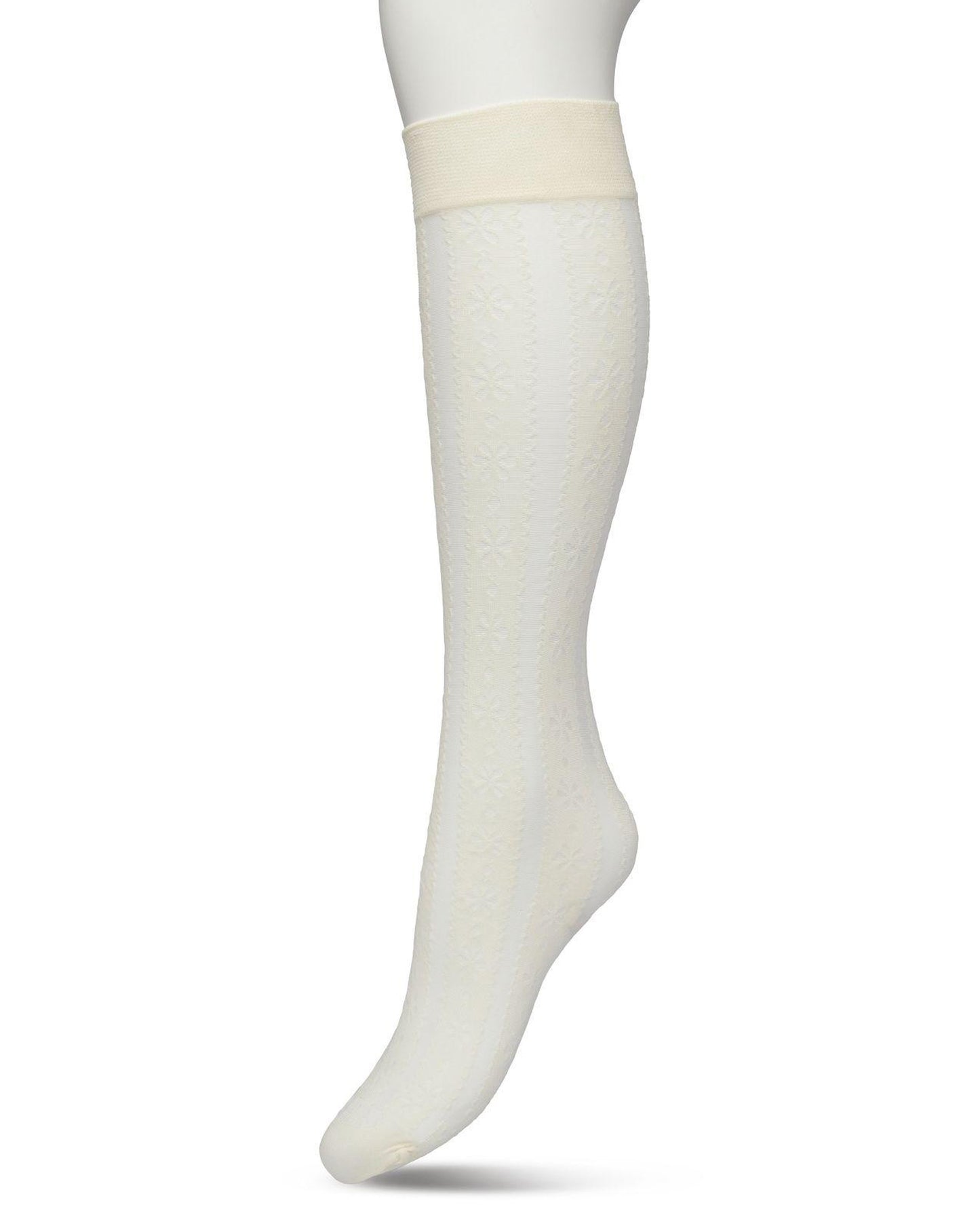 Bonnie Doon Flower Stripe Knee-Highs - Ivory / cream fashion knee-high socks with a vertical stripe pattern with a flower and dot design with scalloped edge, reinforced toe and deep elasticated comfort cuff