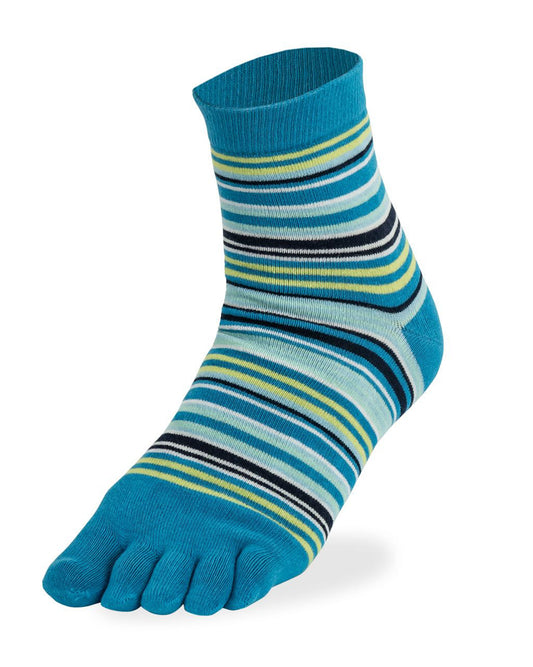 Bonnie Doon Toe Sock Funky Stripes - Bright blue, navy and lime green horizontal striped crew length cotton mix toe socks.