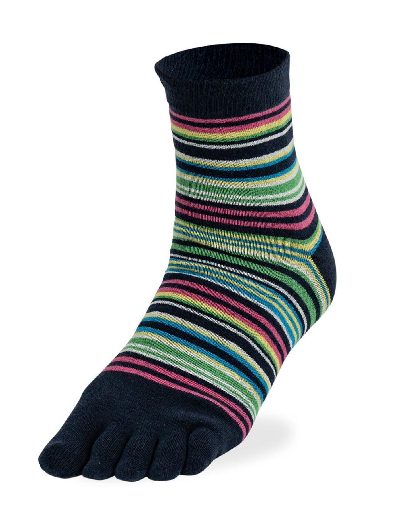 Bonnie Doon Toe Sock Funky Stripes - Navy, pink, blue and lime green horizontal striped crew length cotton mix toe socks.
