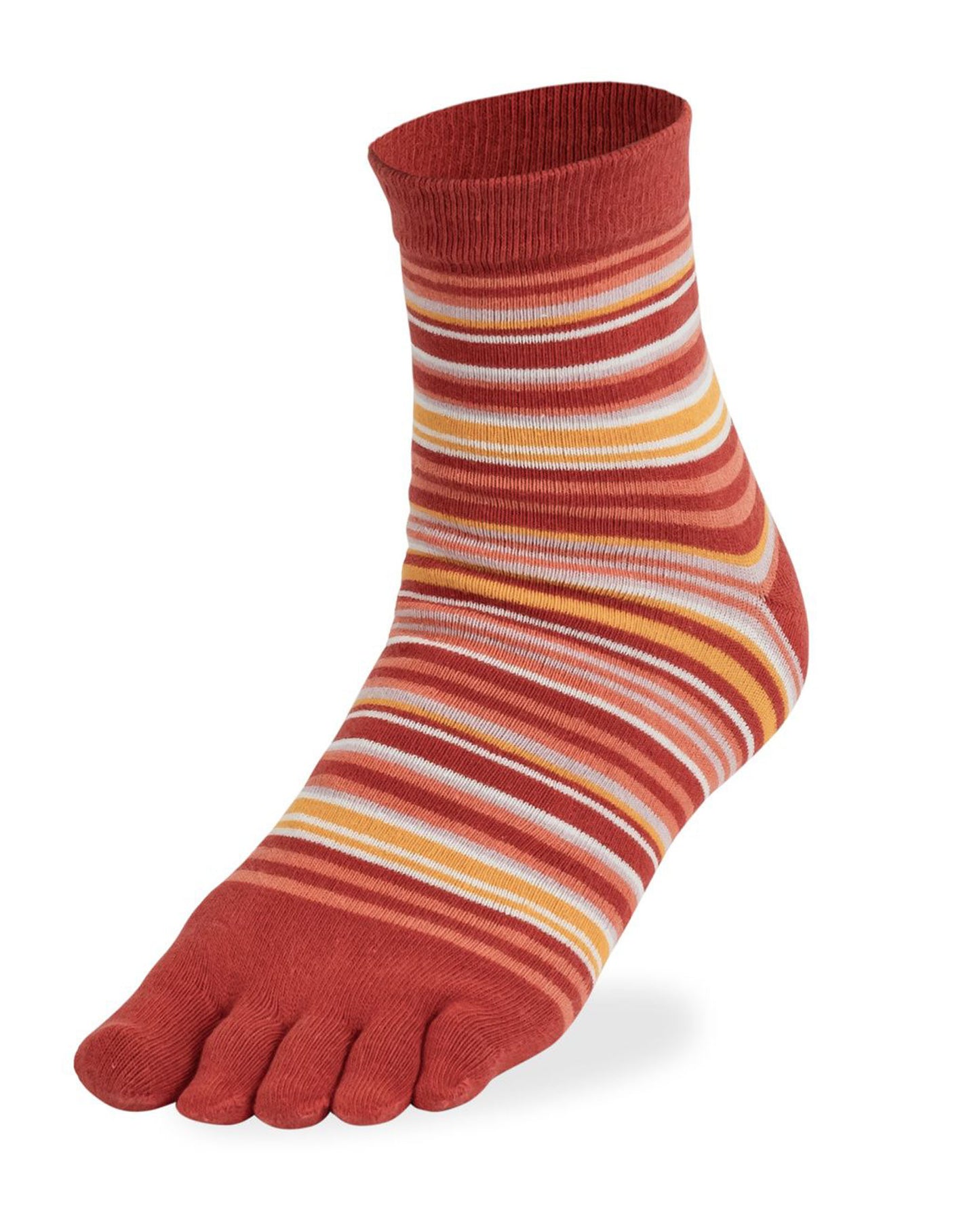 Bonnie Doon Toe Sock Funky Stripes - Orange, peach, mustard and white horizontal striped crew length cotton mix toe socks.