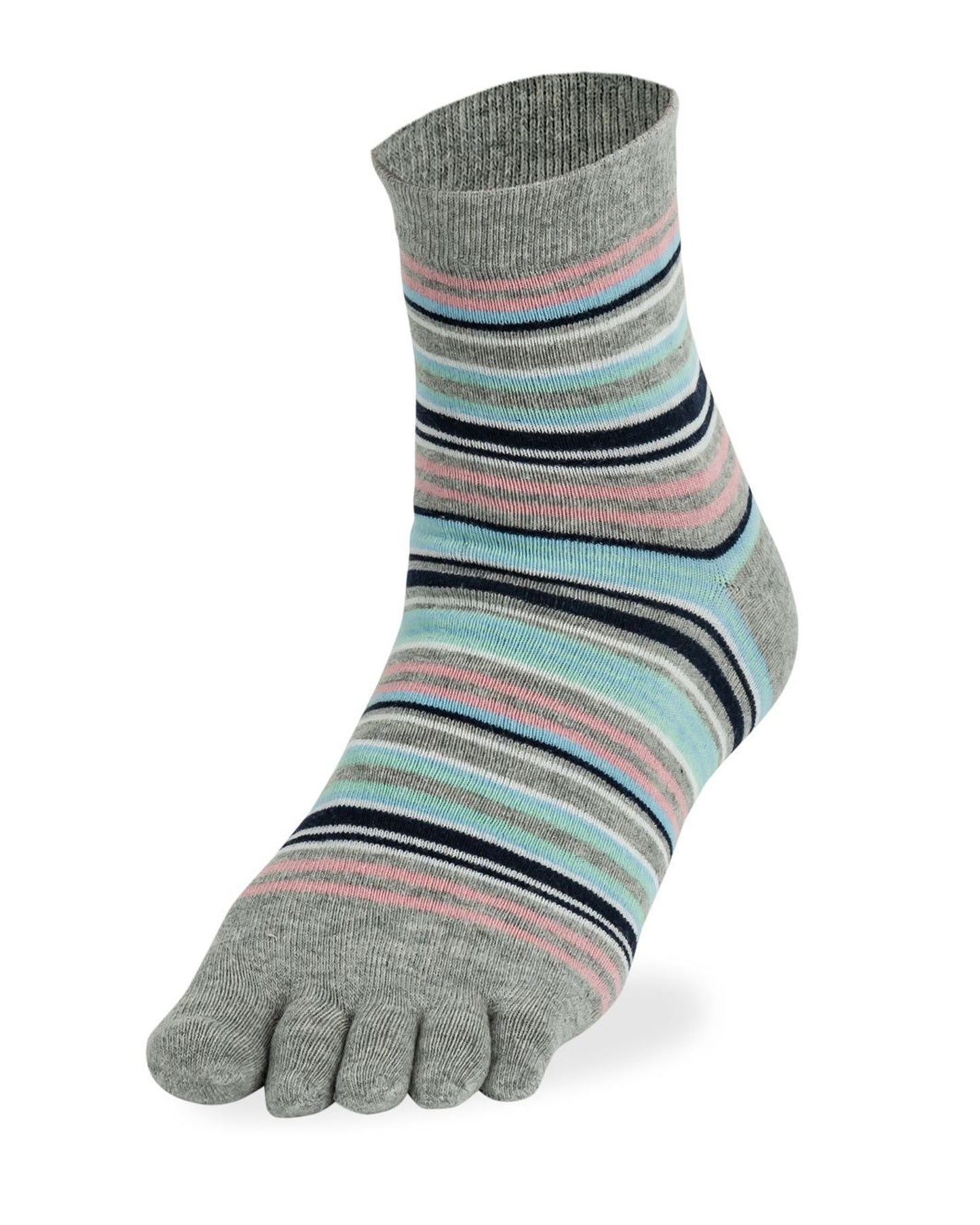 Bonnie Doon Toe Sock Funky Stripes - Light grey, pale pink, navy, light blue and mint green horizontal striped crew length cotton mix toe socks.