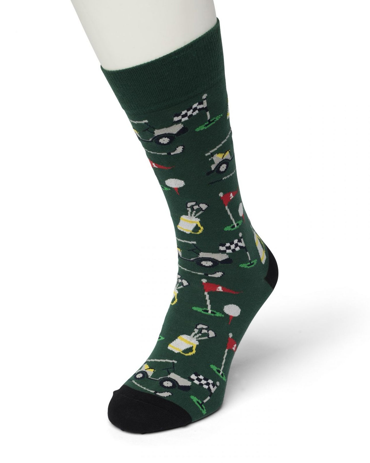Bonnie Doon Golf Sock - Men's dark green cotton ankle socks with a golf themed pattern of clubs, flags, buggies and balls.