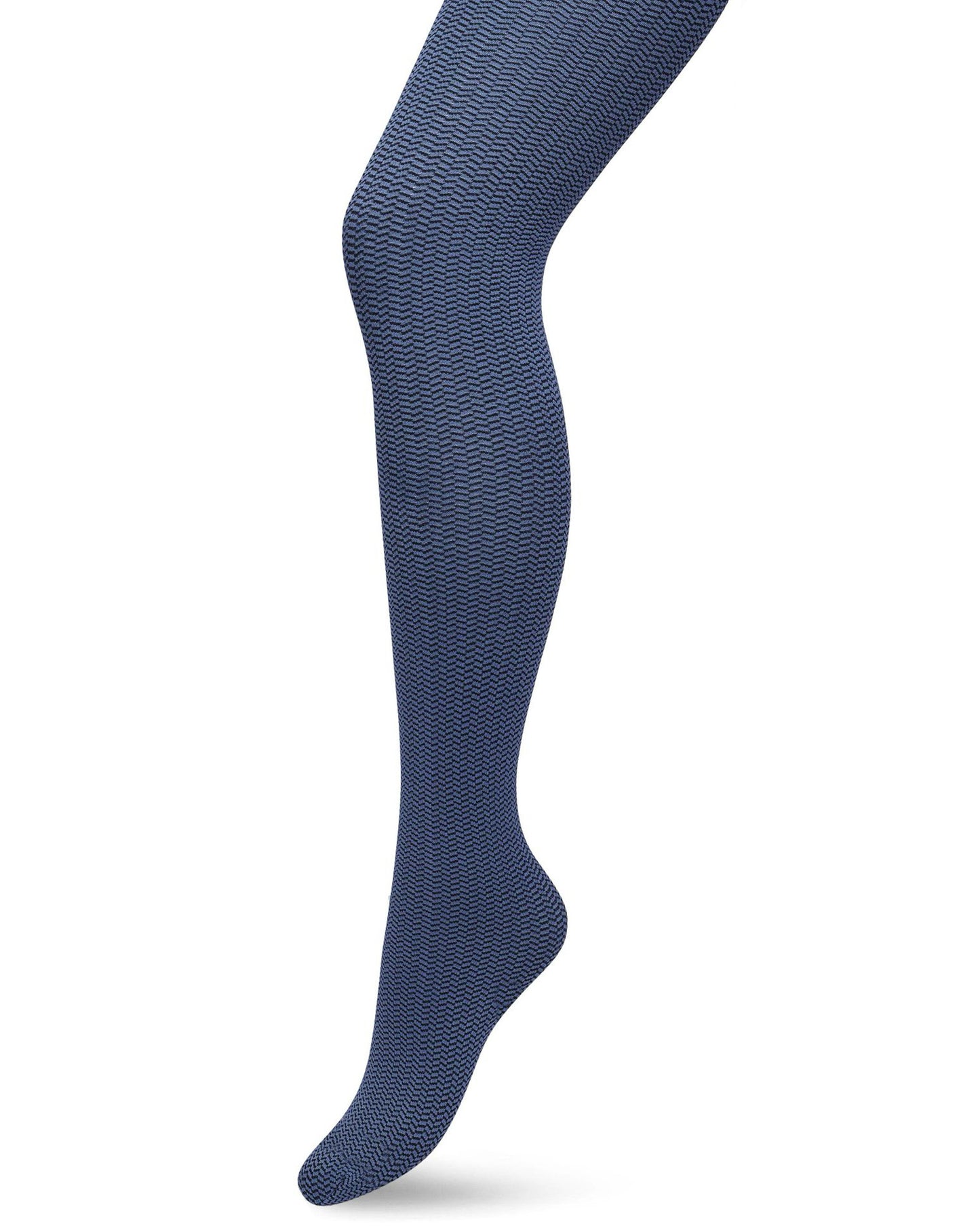 Bonnie Doon Little Herringbone Tights - Denim blue opaque fashion tights with a black herringbone outline style pattern.