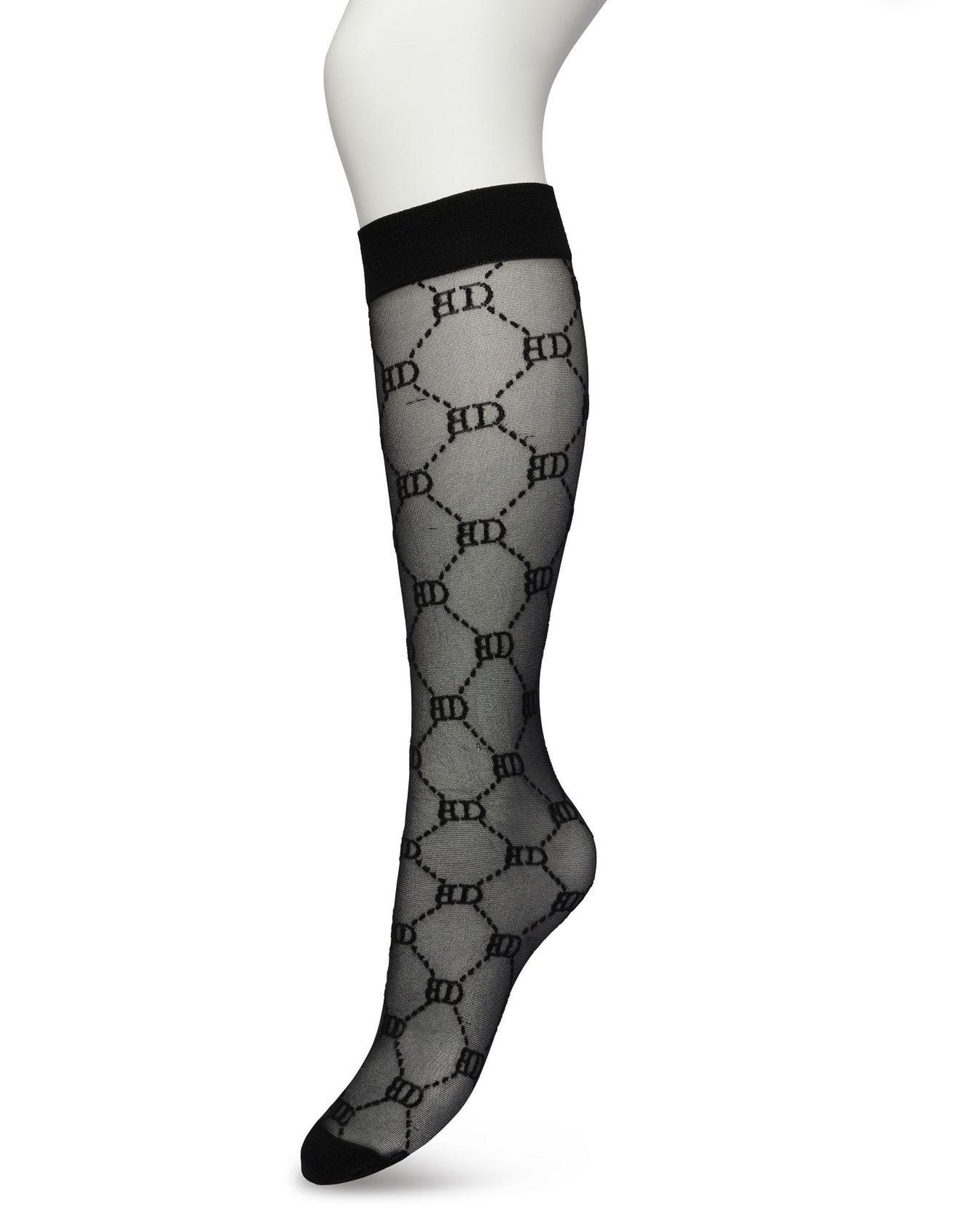 Bonnie Doon BP221801 Logo Knee-highs - Sheer black Gucci inspired fashion knee high socks with a woven dotted diamond style pattern with BD for Bonnie Doon