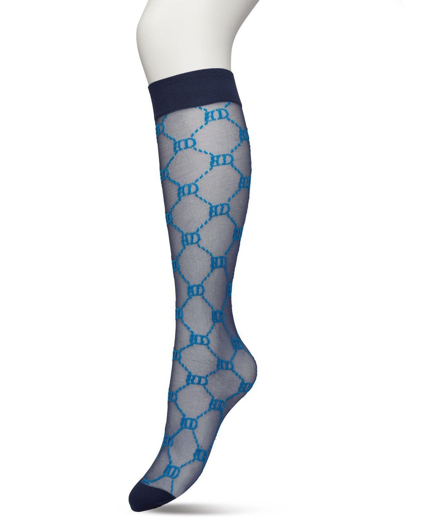 Bonnie Doon BP221801 Logo Knee-highs - Sheer navy and blue Gucci inspired fashion knee high socks with a woven dotted diamond style pattern with BD for Bonnie Doon