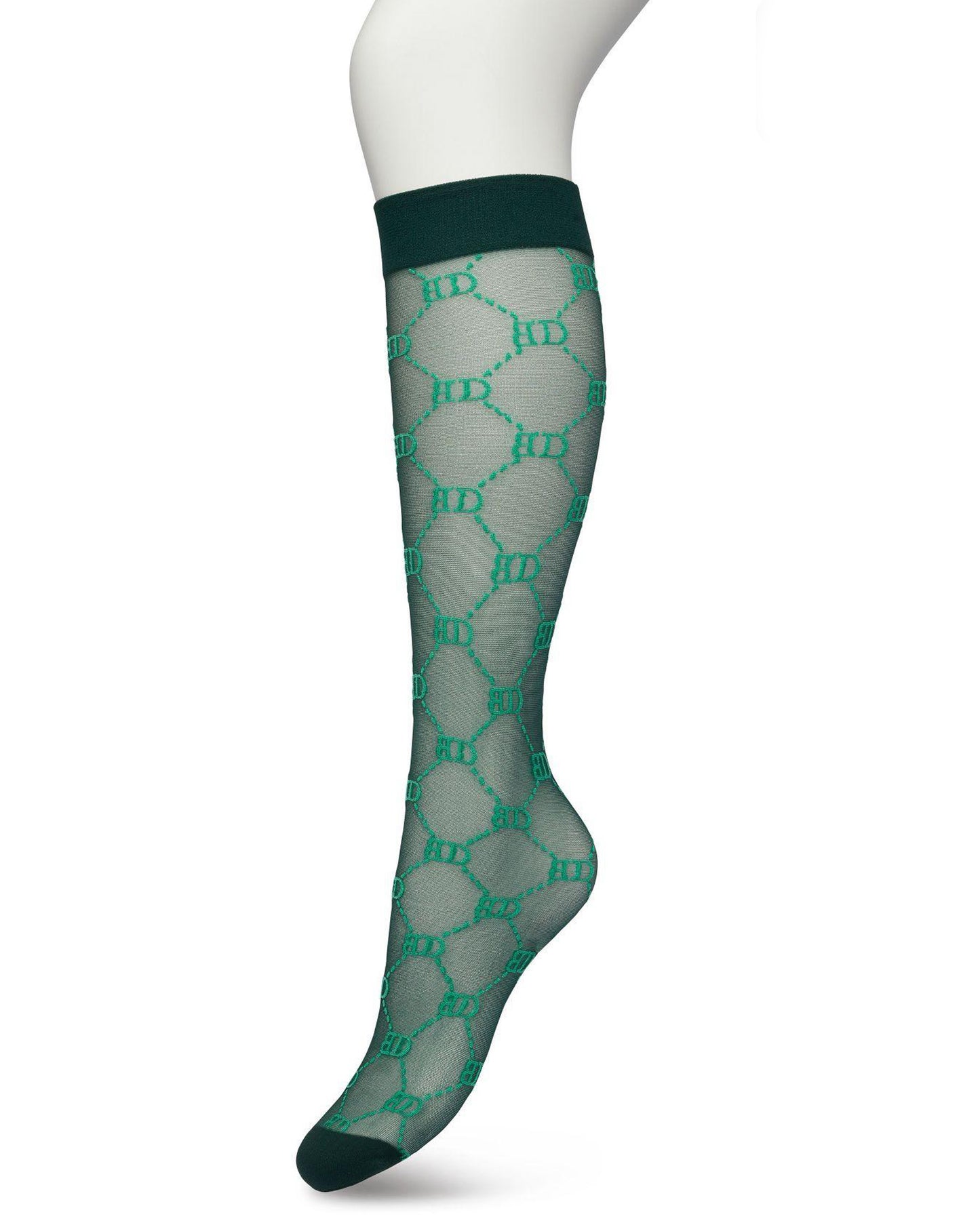 Bonnie Doon BP221801 Logo Knee-highs - Sheer dark bottle greenGucci inspired fashion knee high socks with a woven dotted diamond style pattern with BD for Bonnie Doon