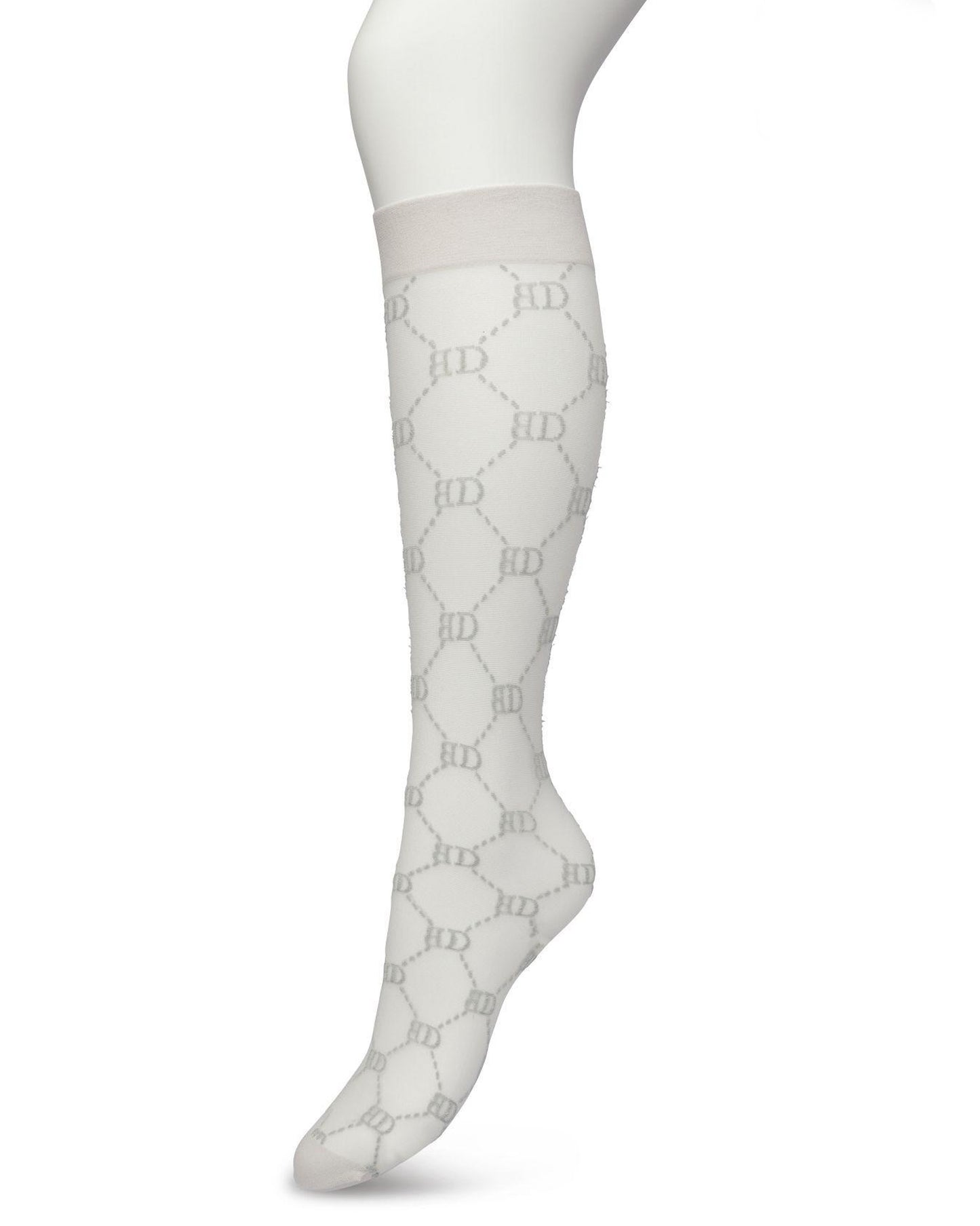 Bonnie Doon BP221801 Logo Knee-highs - Sheer pale light grey Gucci inspired fashion knee high socks with a woven dotted diamond style pattern with BD for Bonnie Doon