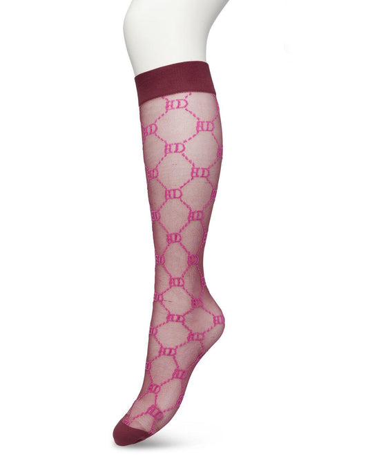 Bonnie Doon BP221801 Logo Knee-highs - Sheer wine and pink Gucci inspired fashion knee high socks with a woven dotted diamond style pattern with BD for Bonnie Doon