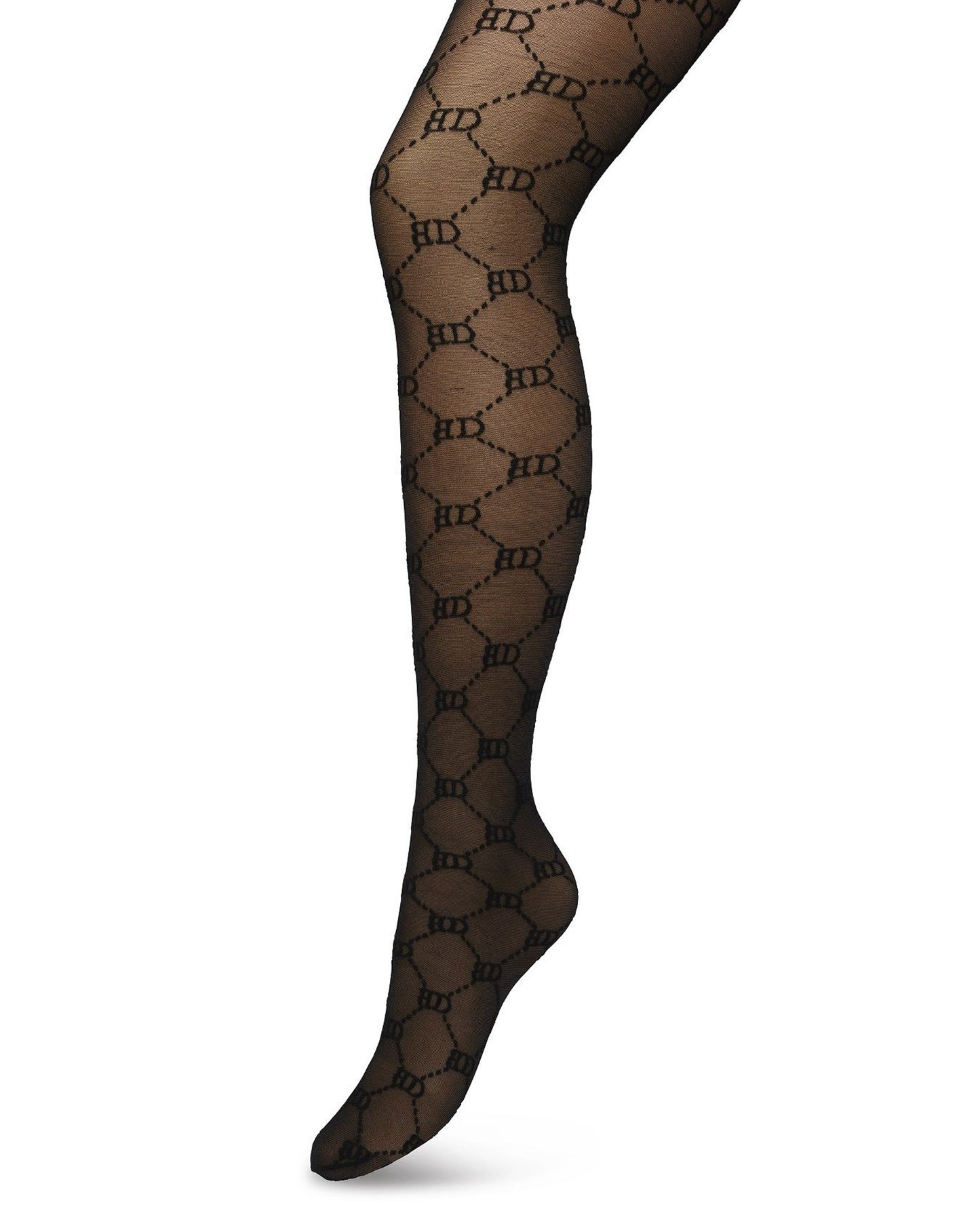 BP221901 Logo Tights - Sheer black Gucci inspired fashion tights with a woven dotted diamond style pattern with BD for Bonnie Doon