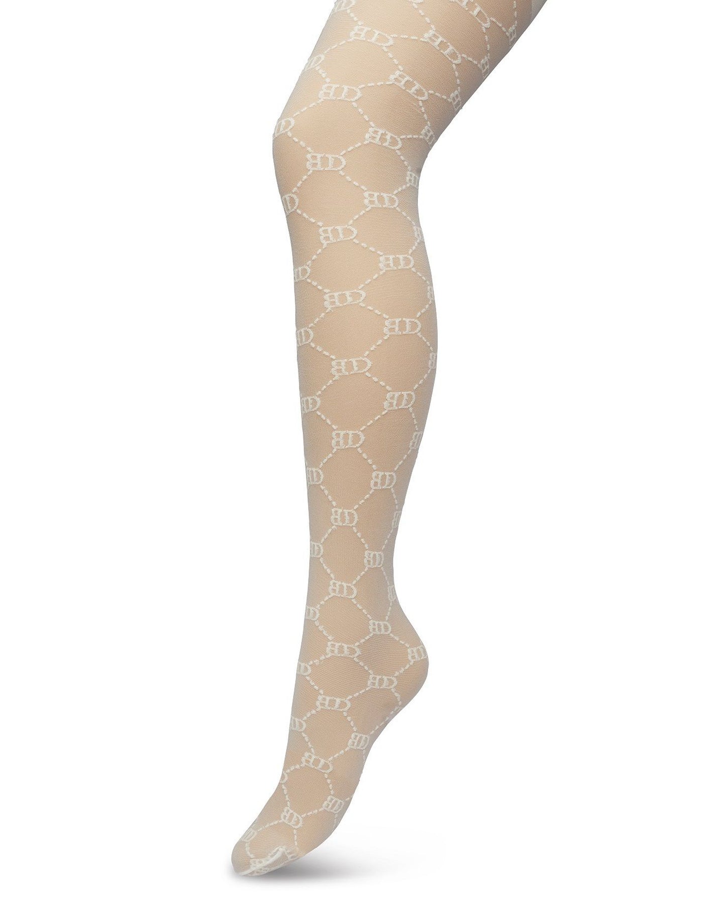 BP221901 Logo Tights - Sheer ivory cream Gucci inspired fashion tights with a woven dotted diamond style pattern with BD for Bonnie Doon