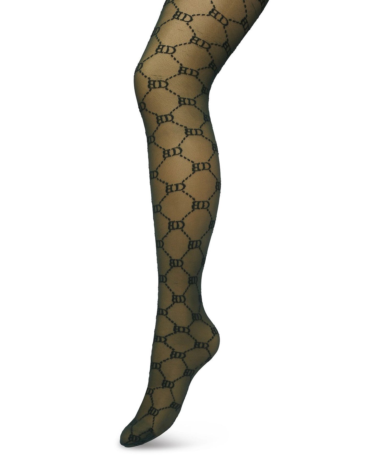 BP221901 Logo Tights - Sheer dark bottle green Gucci inspired fashion tights with a woven dotted diamond style pattern with BD for Bonnie Doon