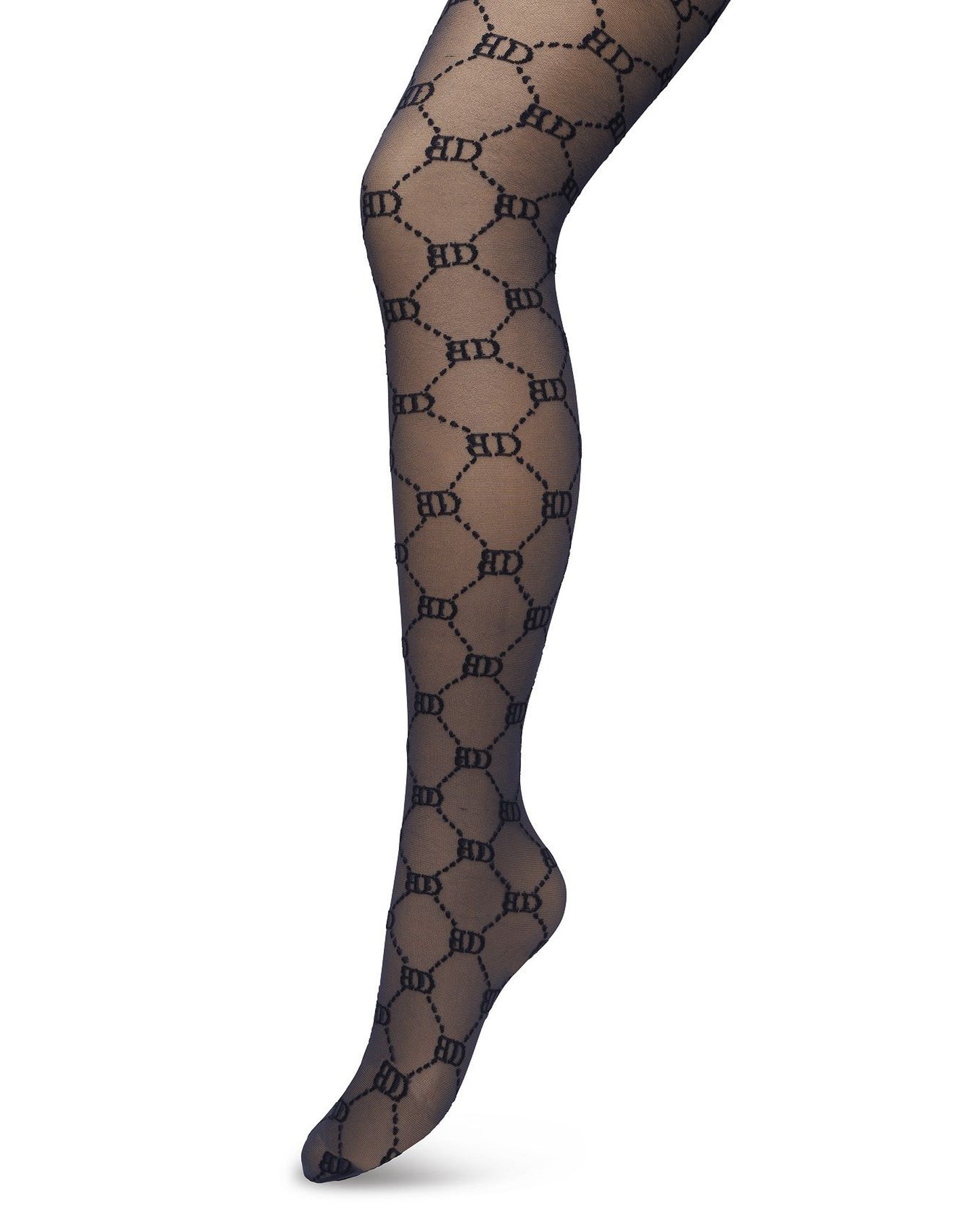 BP221901 Logo Tights - Sheer navy blue Gucci inspired fashion tights with a woven dotted diamond style pattern with BD for Bonnie Doon