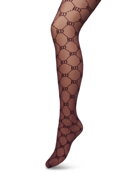 BP221901 Logo Tights - Sheer wine Gucci inspired fashion tights with a woven dotted diamond style pattern with BD for Bonnie Doon