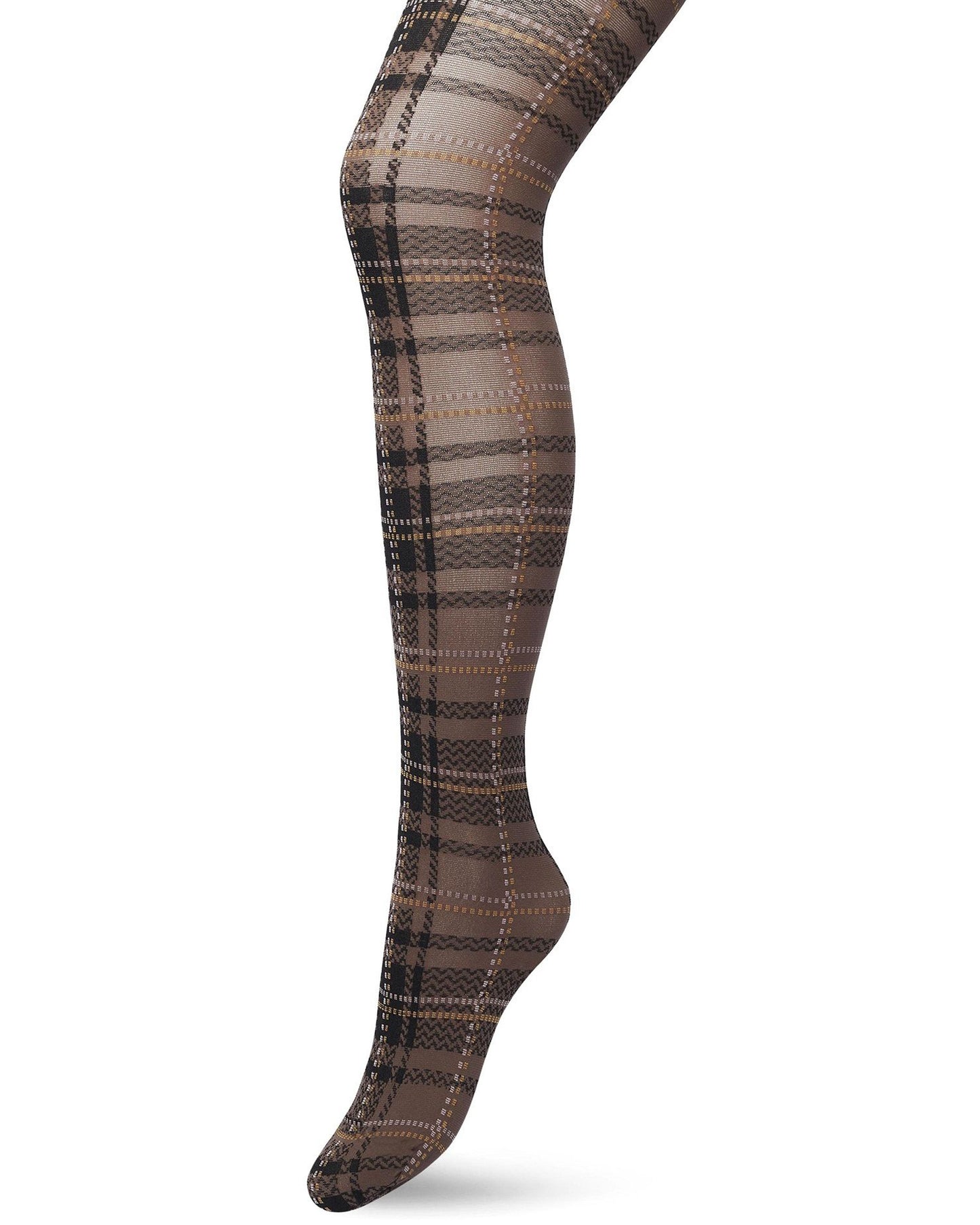 Bonnie Doon London Checks Tights - Opaque fashion tights with a woven tartan style pattern in taupe brown, black, mustard and light pink.