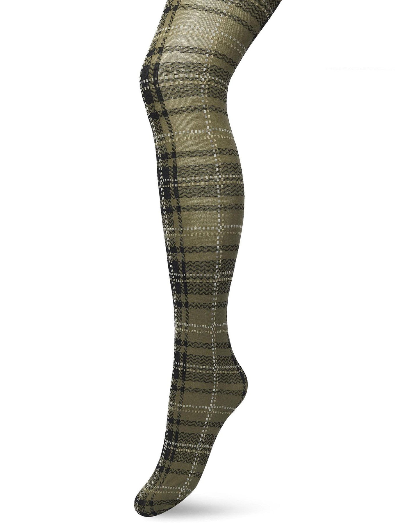 Bonnie Doon London Checks Tights - Opaque fashion tights with a woven tartan style pattern in khaki green, black and white.