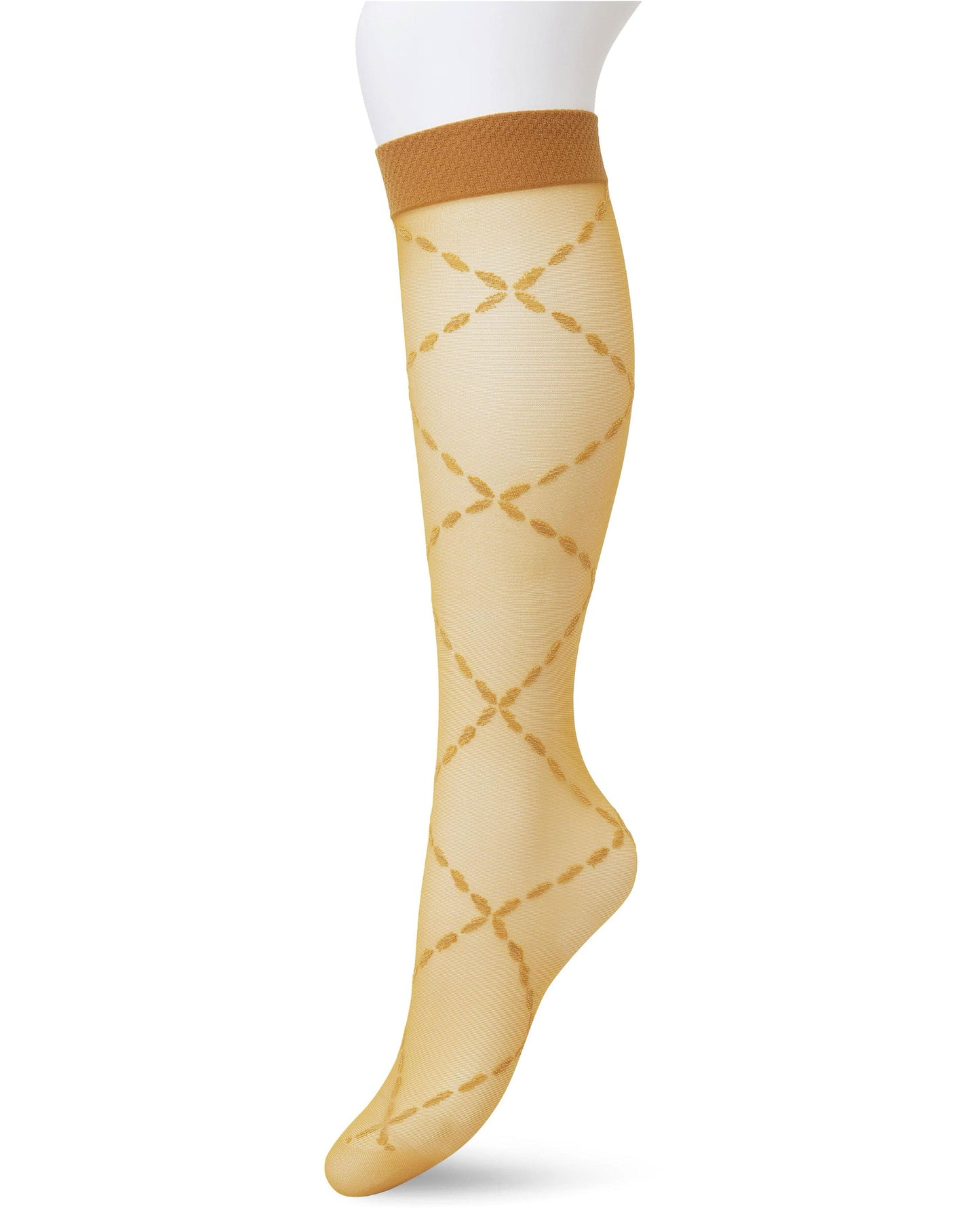 Bonnie Doon BP211504 Lozenge Knee-Highs Sudan Brown - Mustard sheer fashion knee-high socks with a woven criss-cross chain style diamond pattern and plain comfort cuff.