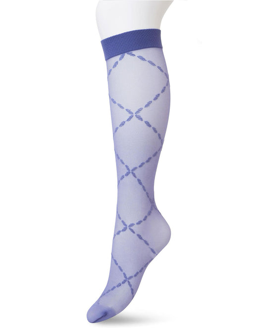 Bonnie Doon BP211504 Lozenge Knee-Highs Black Iris - Dark purple (skipper blue) sheer fashion knee-high socks with a woven criss-cross chain style diamond pattern and plain comfort cuff.