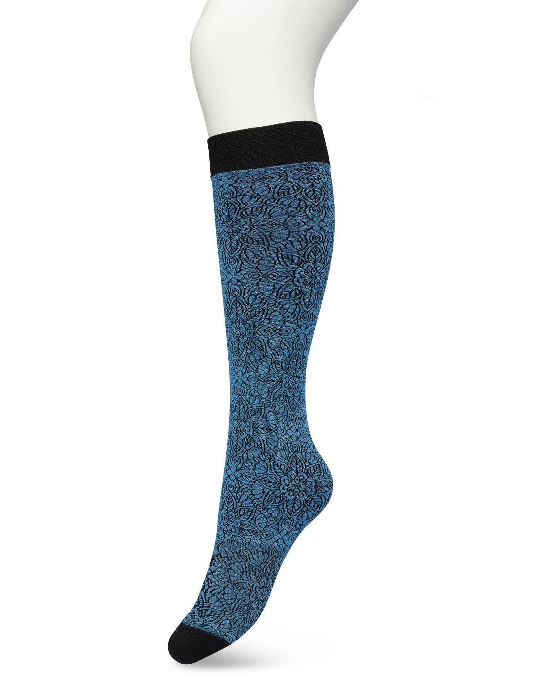Bonnie Doon Mandala Knee-Highs - Ultra opaque denim blue fashion knee-high glossy socks with a black mandala floral style pattern in black and a deep black comfort cuff.