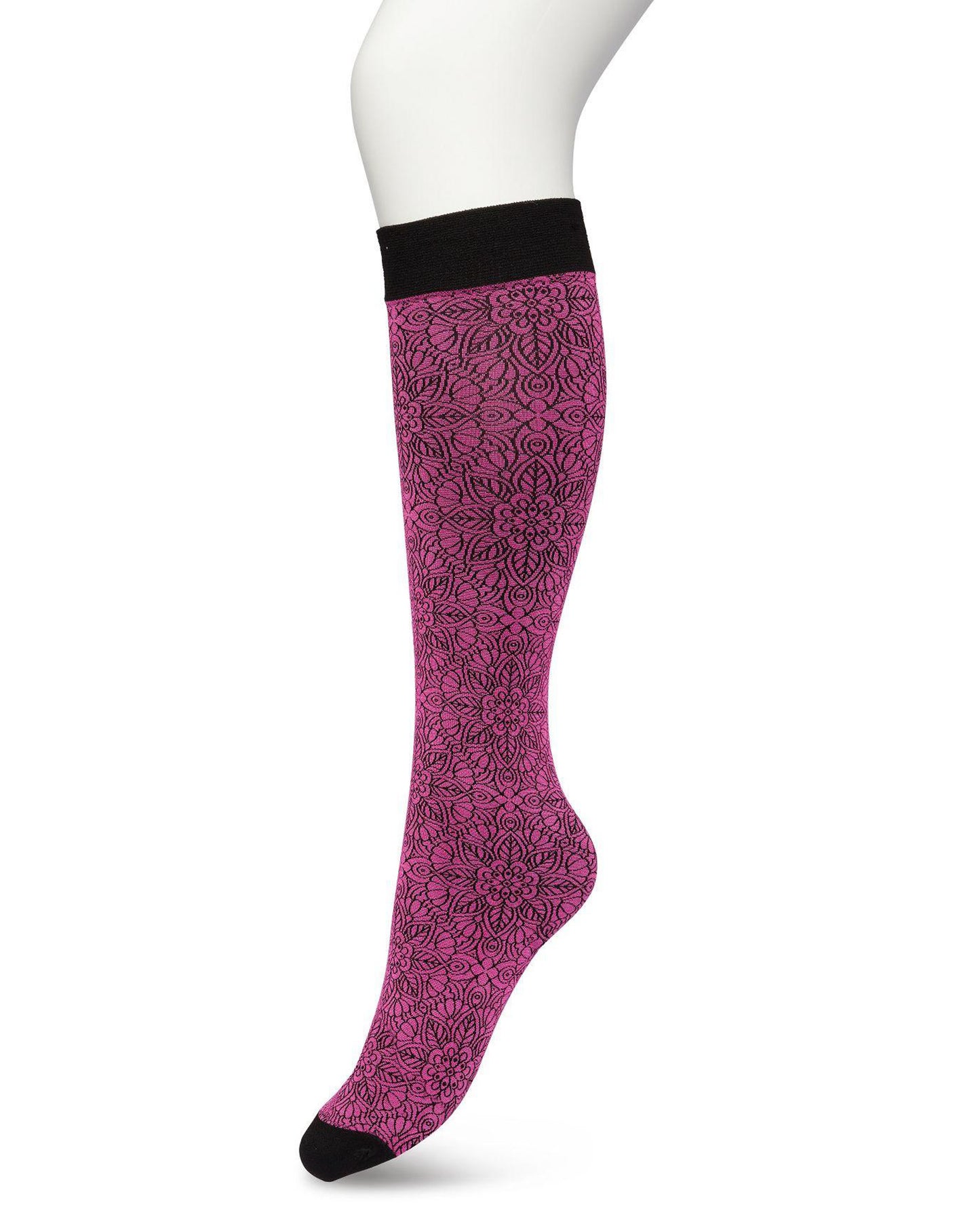 Bonnie Doon Mandala Knee-Highs - Ultra opaque pink fashion knee-high glossy socks with a black mandala floral style pattern in black and a deep black comfort cuff.