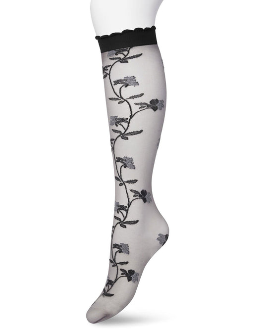 Bonnie Doon BP211510 Misty Flower Knee-high Castlerock - Sheer grey fashion knee-high socks with a woven floral vine style pattern in black and white and deep black comfort cuff with a scalloped edge.