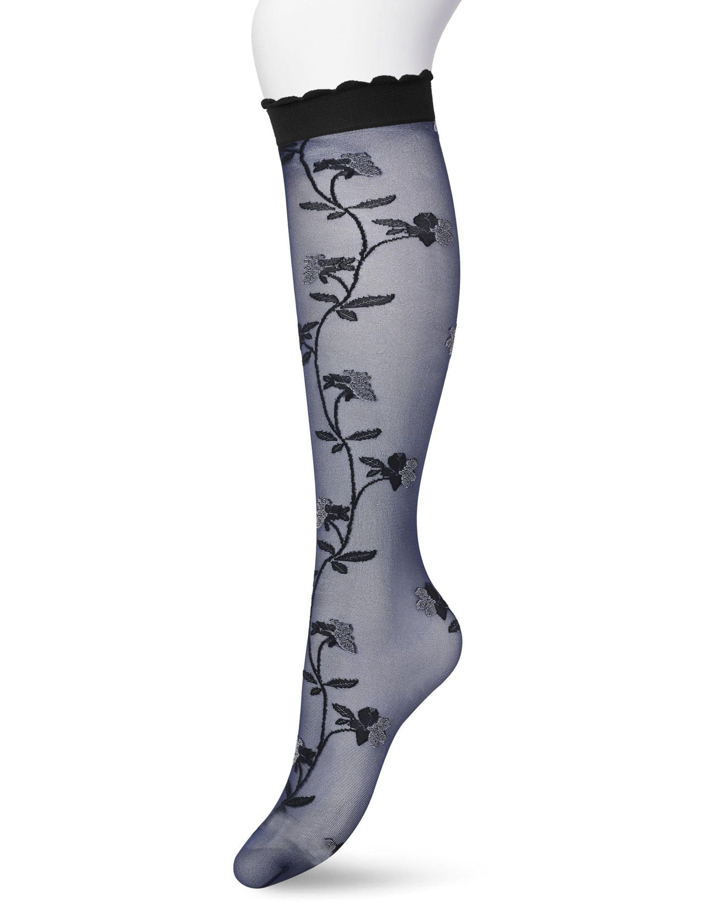 Bonnie Doon BP211510 Misty Flower Knee-high Black Iris - Sheer navy fashion knee-high socks with a woven floral vine style pattern in black and white and deep black comfort cuff with a scalloped edge.