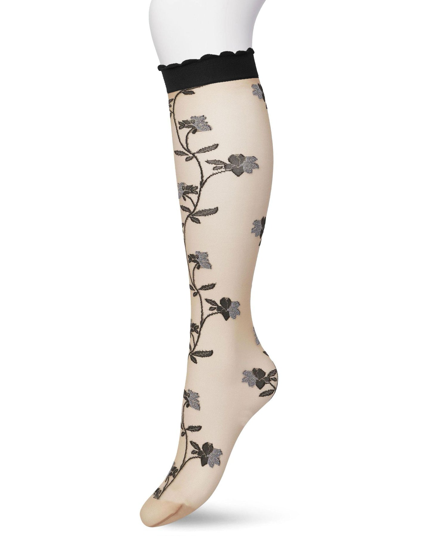 Bonnie Doon BP211510 Misty Flower Knee-high Rhododendron - Sheer nude wine fashion knee-high socks with a woven floral vine style pattern in black and white and deep black comfort cuff with a scalloped edge.