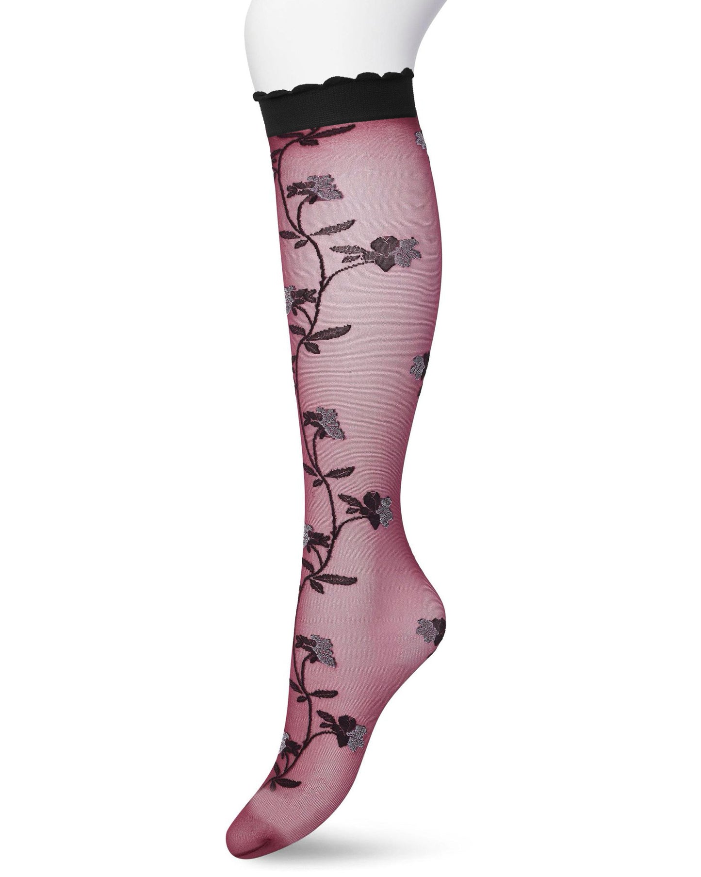 Bonnie Doon BP211510 Misty Flower Knee-high Rhododendron - Sheer red wine fashion knee-high socks with a woven floral vine style pattern in black and white and deep black comfort cuff with a scalloped edge.