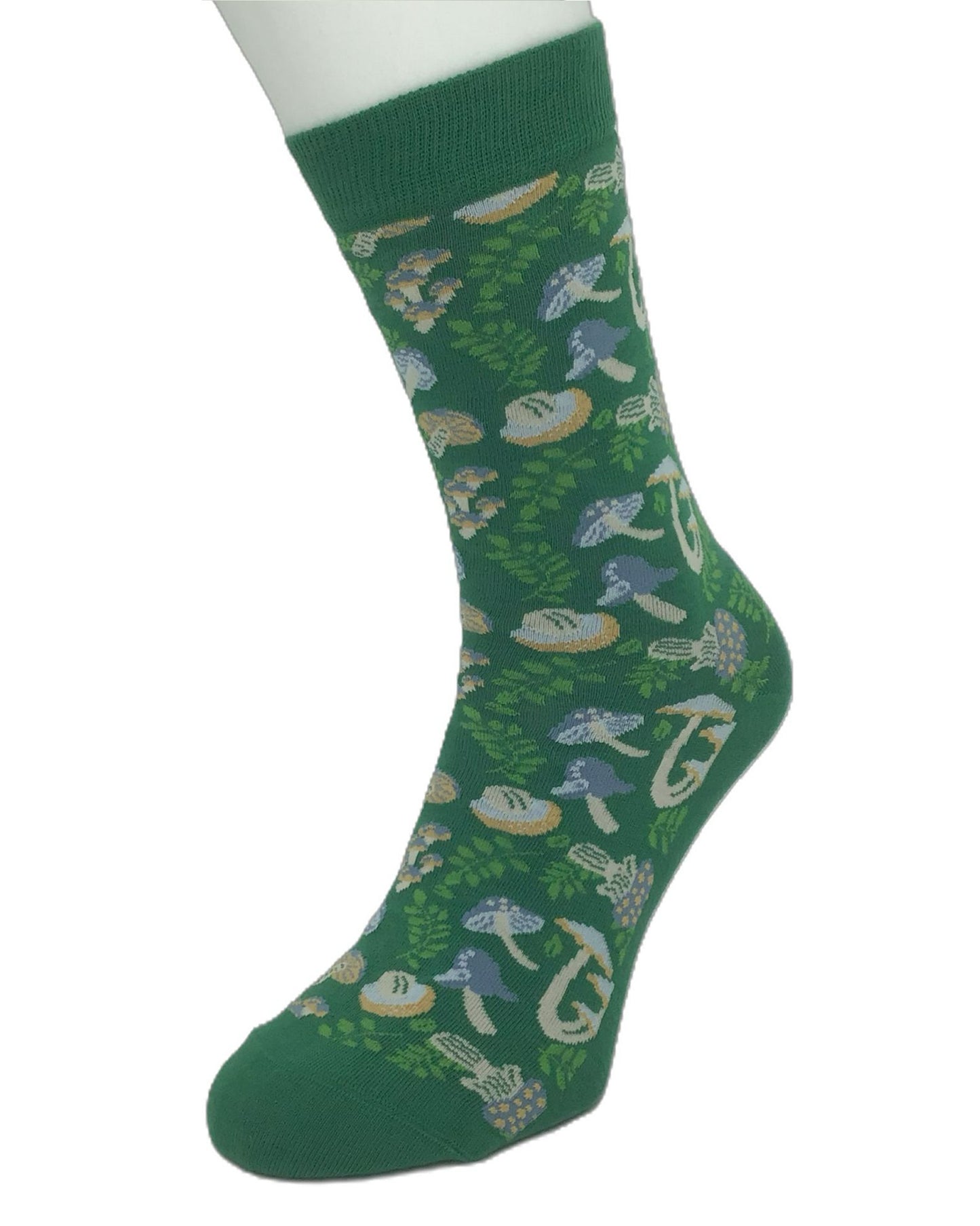 Green sock with mushroom pattern on a white background