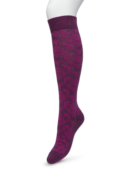 Bonnie Doon Ornament Knee-Highs - Purple cotton knee-high socks with an all over woven baroque style pattern in dark pink colour, shaped heel, flat toe seam and elasticated comfort cuff.