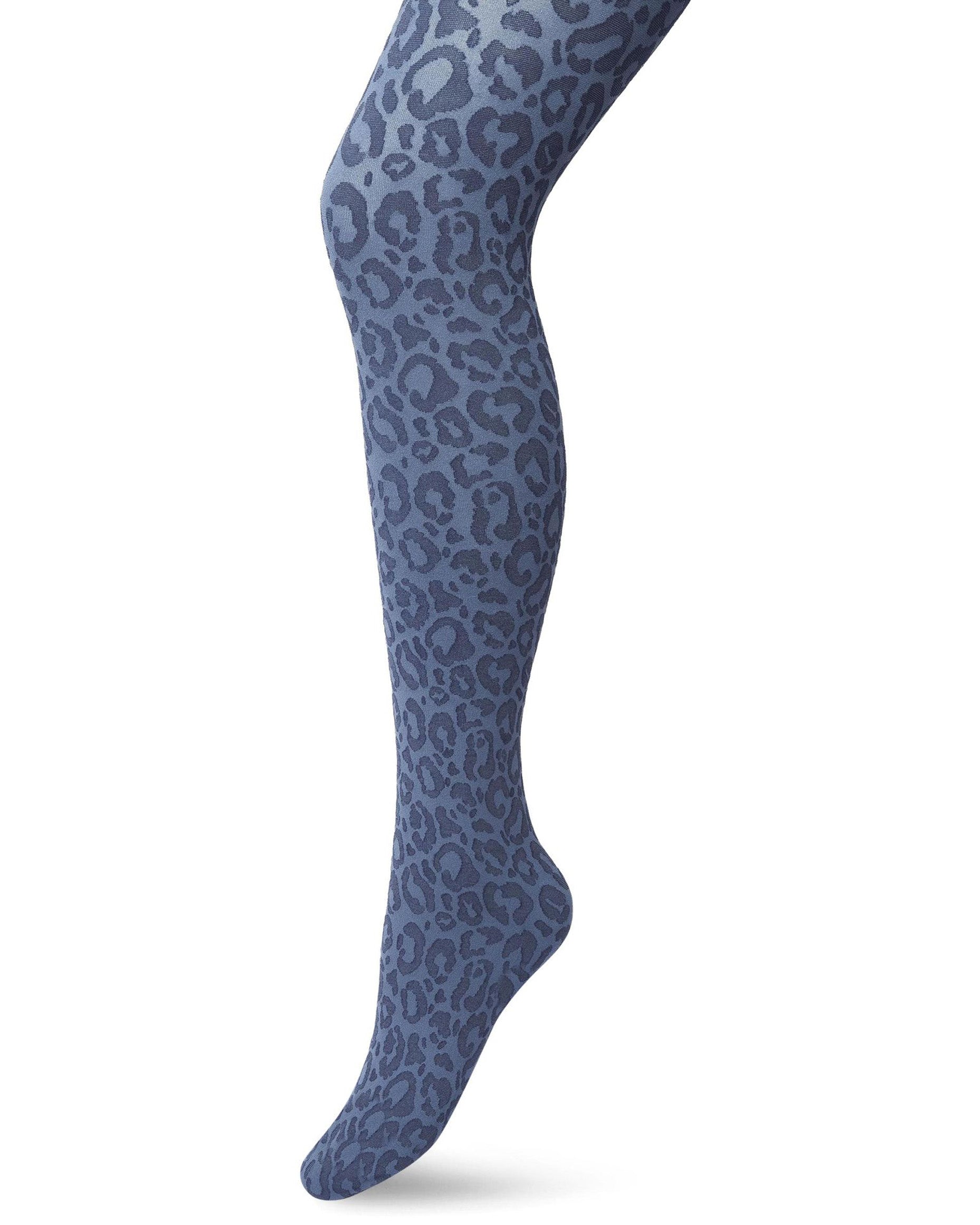 Bonnie Doon - Opaque Panther Tights - Denim blue fashion tights with a woven leopard print style pattern in a darker tone, flat seams, gusset and deep comfort waistband.