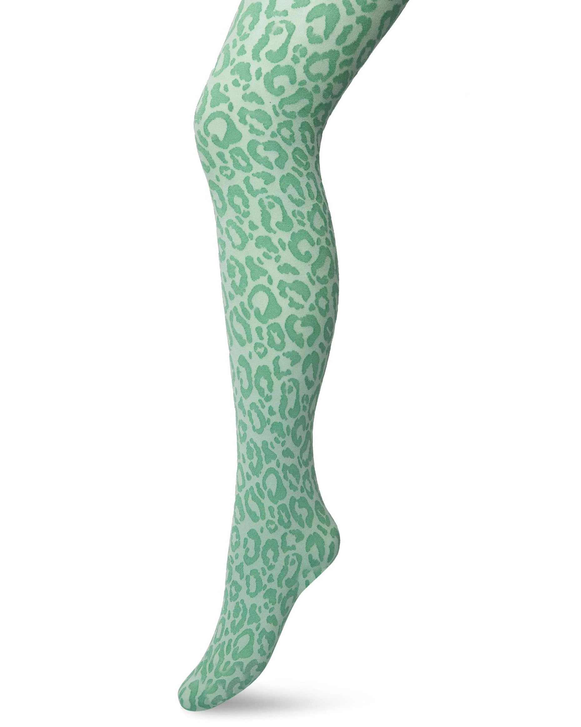 Bonnie Doon - Opaque Panther Tights - Mint green fashion tights with a woven leopard print style pattern in a darker tone, flat seams, gusset and deep comfort waistband.