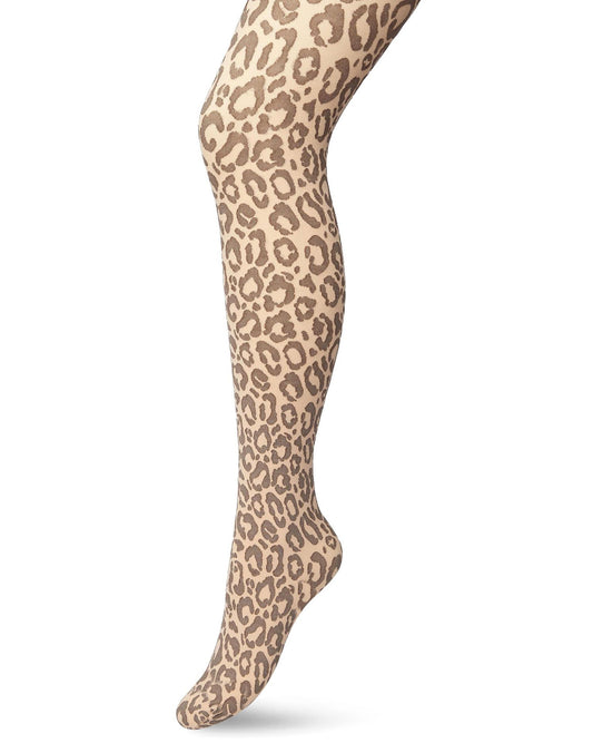 Bonnie Doon - Opaque Panther Tights - Peach fashion tights with a woven leopard print style pattern in a darker brown tone, flat seams, gusset and deep comfort waistband.