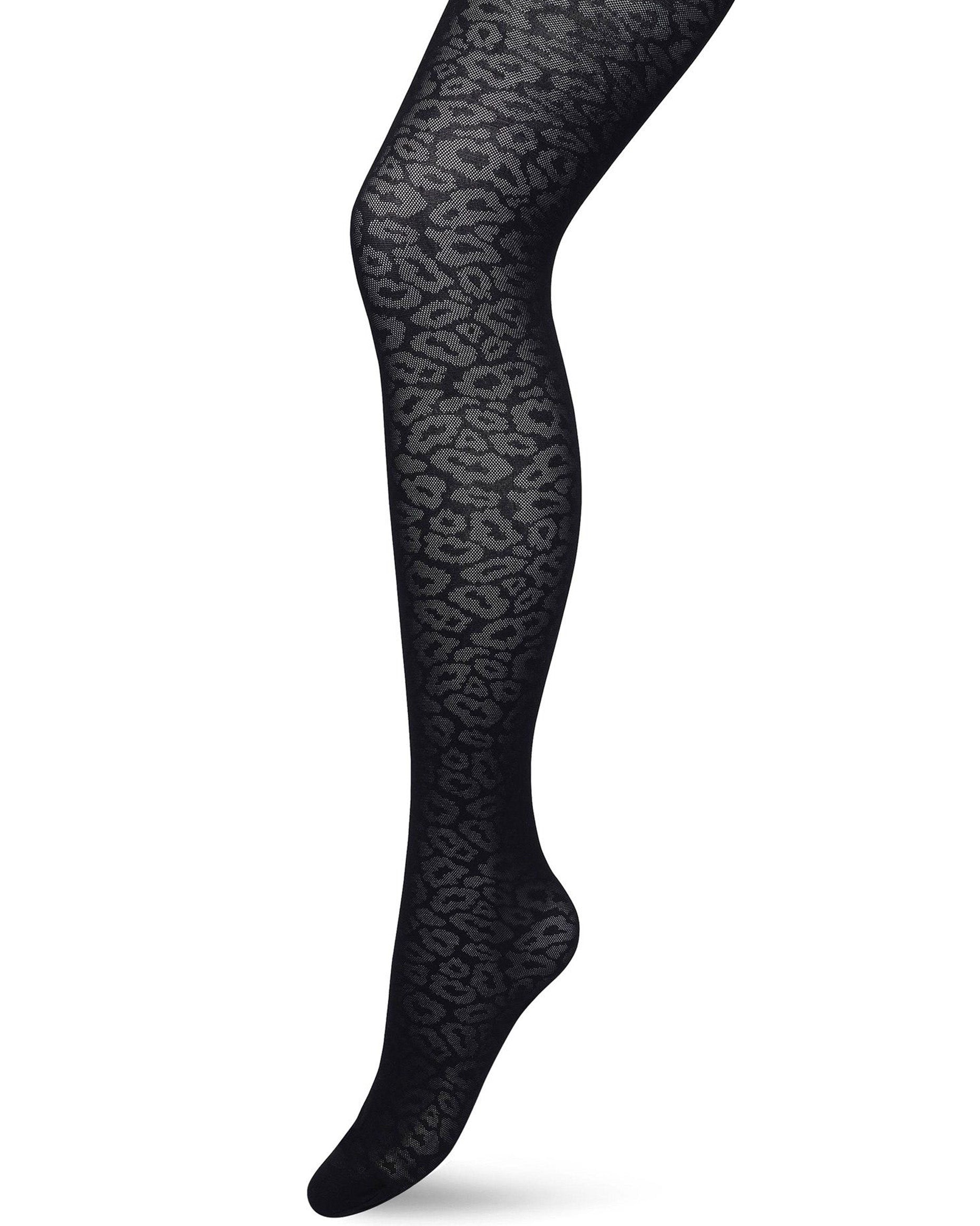 Bonnie Doon Panther Texture Tights - Black opaque fashion tights with a semi sheer micro mesh woven leopard print style pattern, flat seams and gusset.