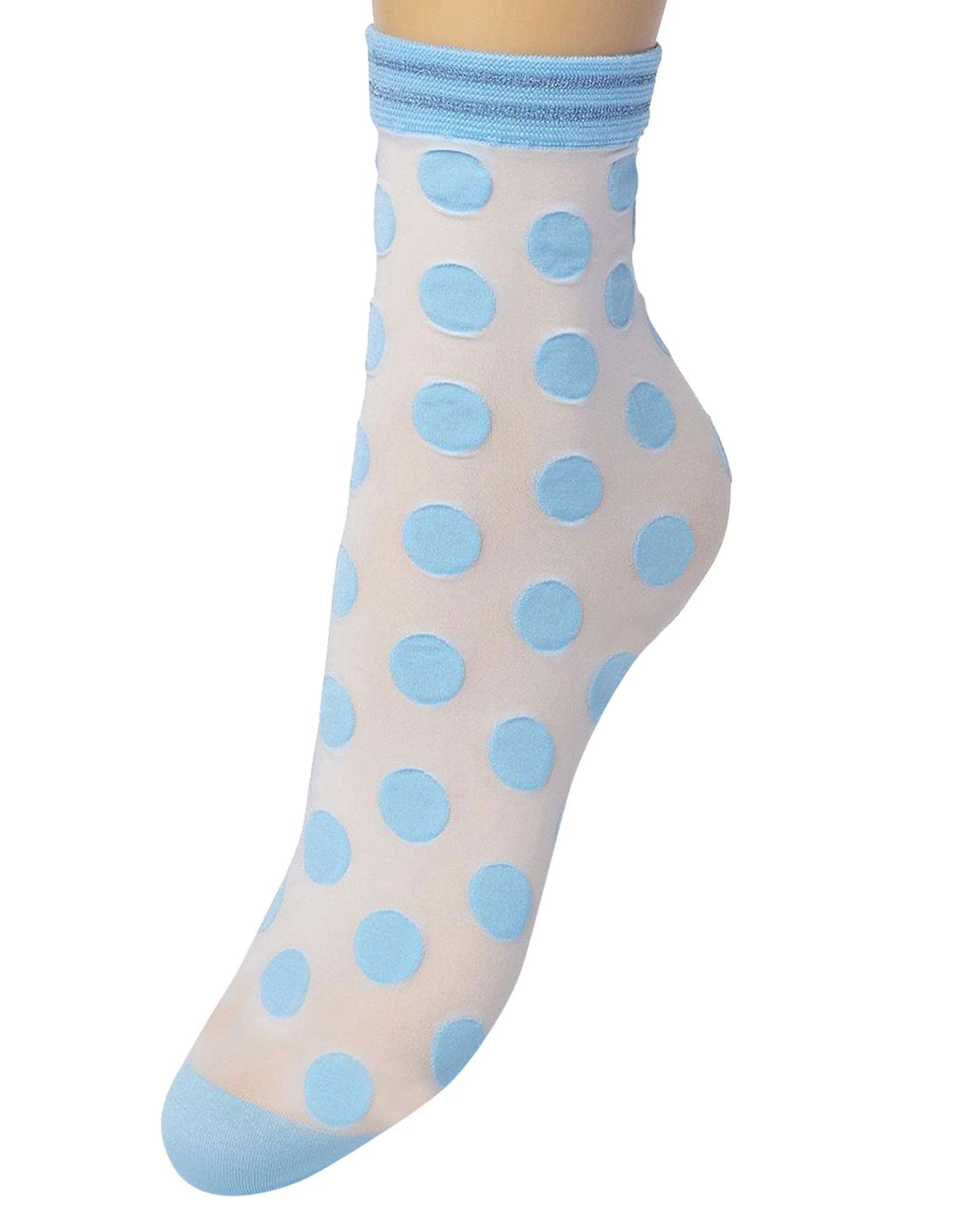 Bonnie Doon Big Dots Socks - White semi-opaque fashion ankle socks with a light blue polka dot pattern, reinforced toe and striped sparkly lurex cuff.