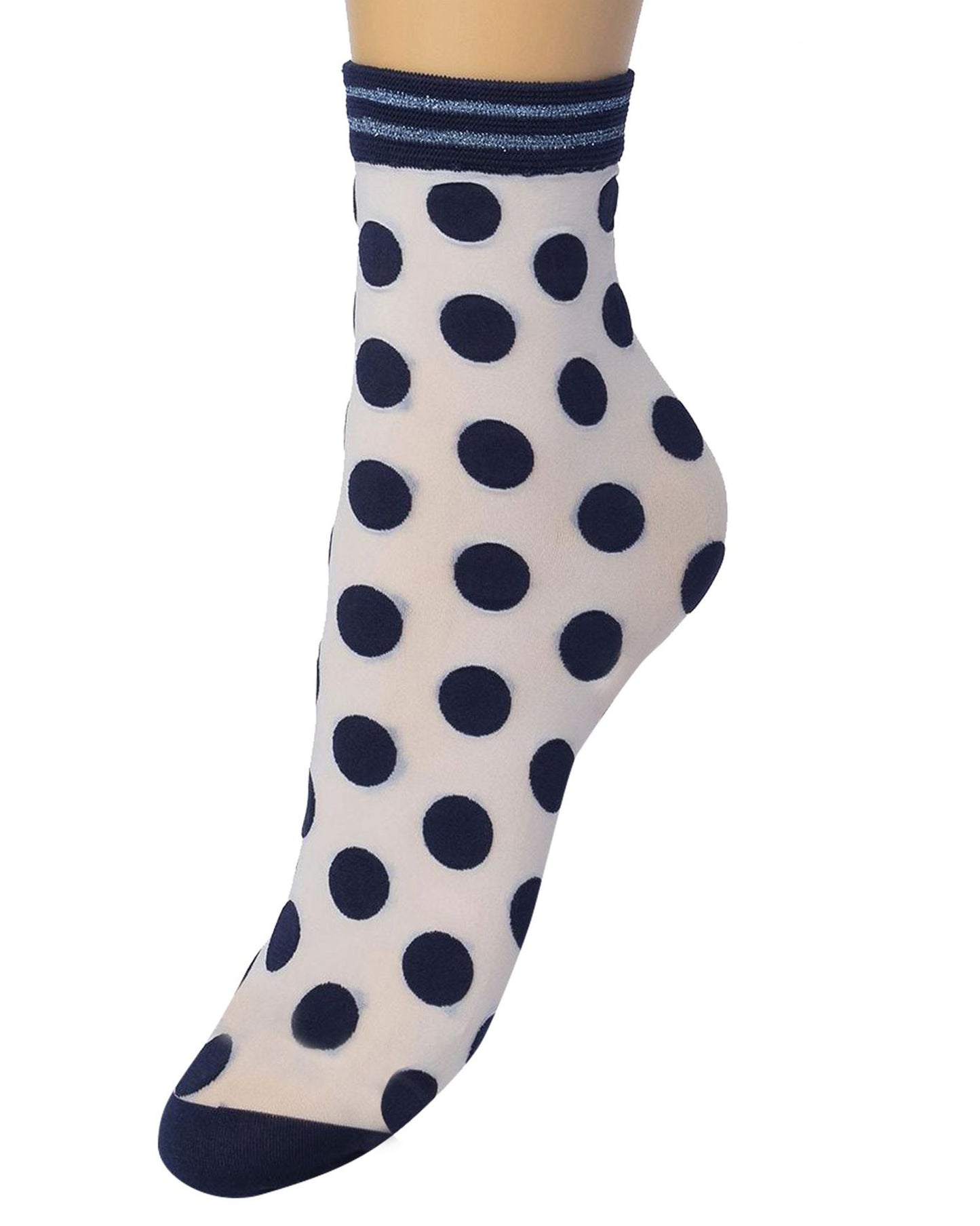Bonnie Doon Big Dots Socks - White semi-opaque fashion ankle socks with a navy polka dot pattern, reinforced toe and striped sparkly lurex cuff.
