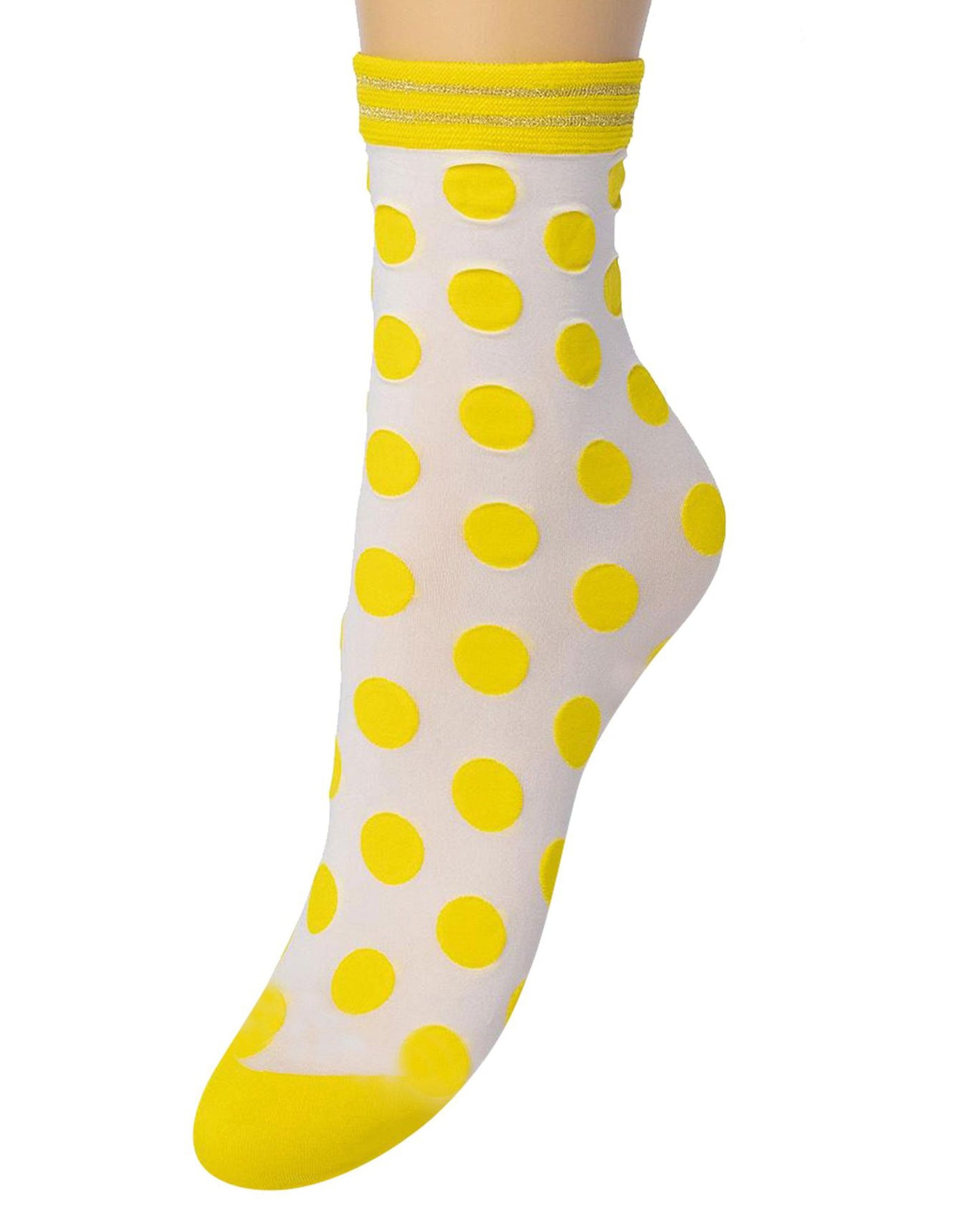 Bonnie Doon Big Dots Socks - White semi-opaque fashion ankle socks with a yellow polka dot pattern, reinforced toe and striped sparkly lurex cuff.