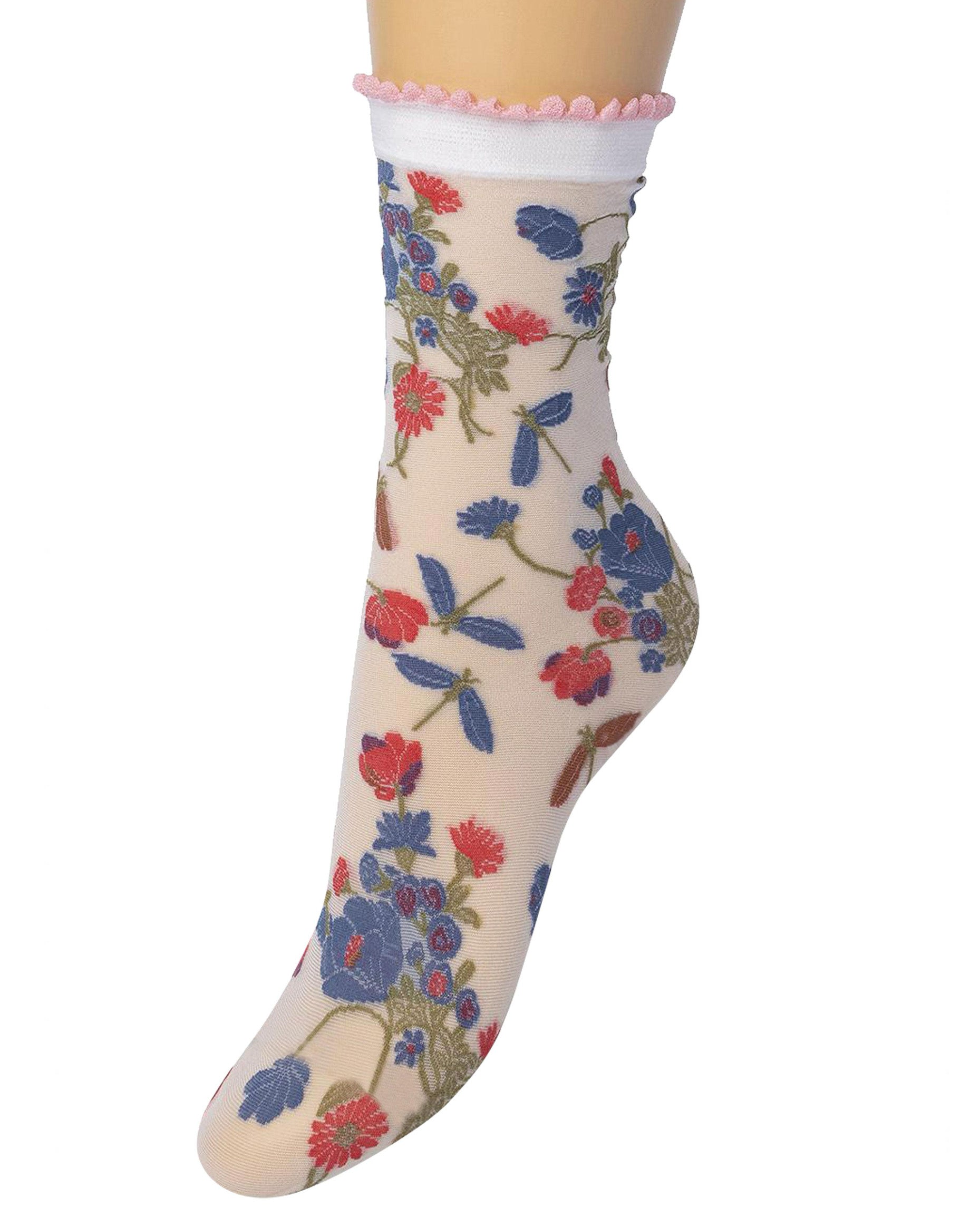 Bonnie Doon Retro Flower Sock - Sheer fashion ankle socks with a woven floral pattern and scalloped edge cuff.