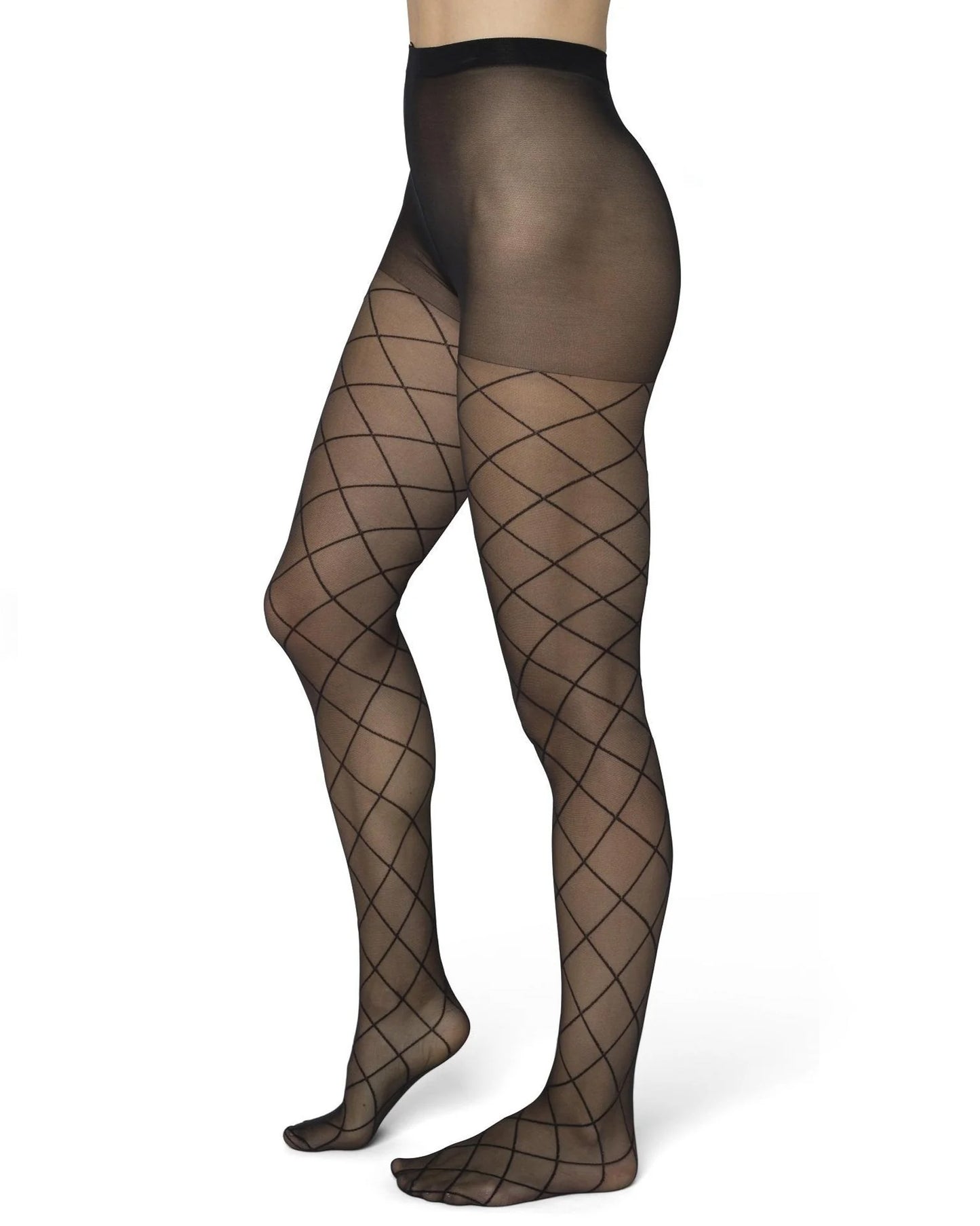 Bonnie Doon Rhombus Tights - Sheer black fashion tights with a diamond linear pattern.