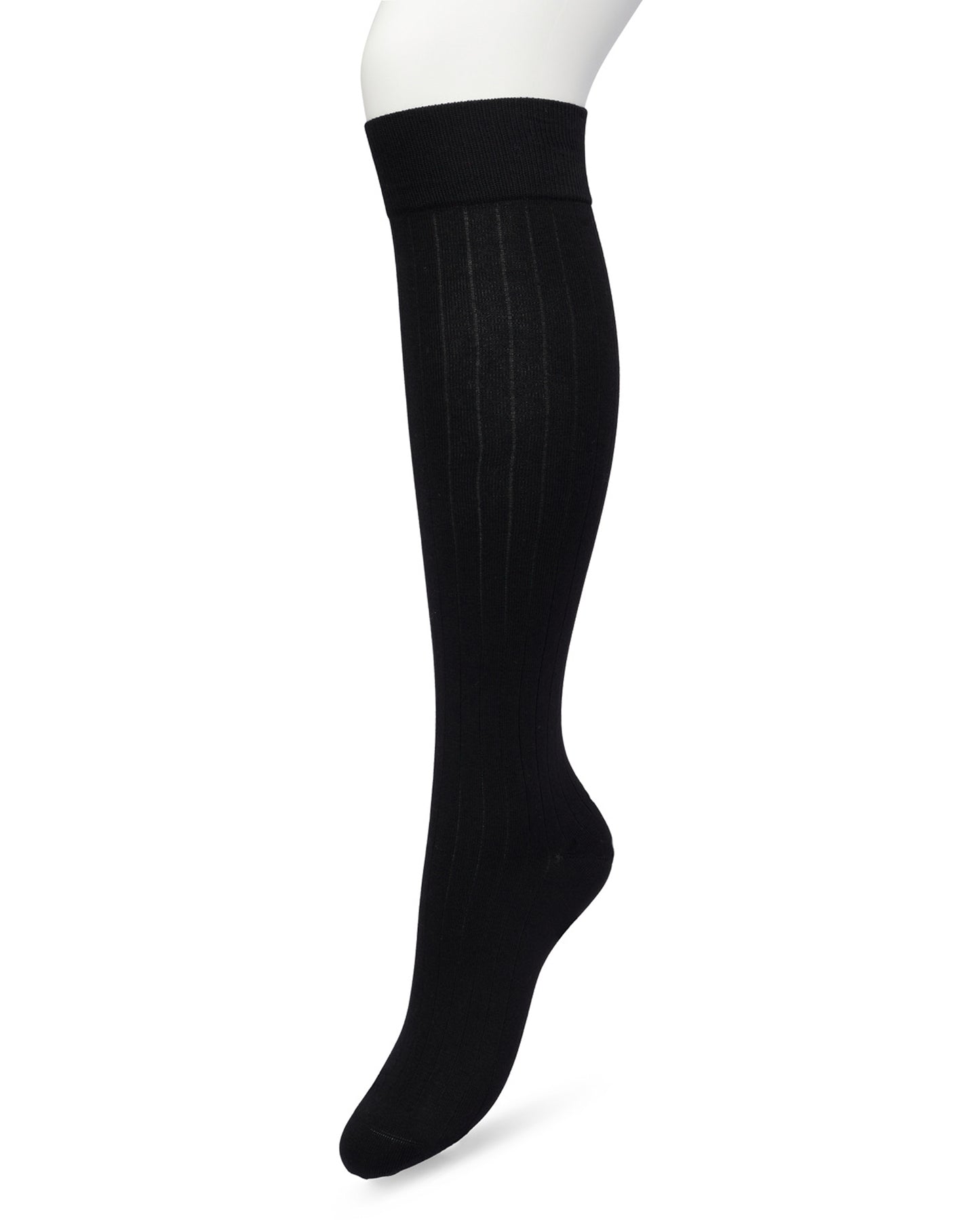 Bonnie Doon Rib Knee High Sock - Black knitted rib knee-high sock with shaped heel, flat toe seam and deep elasticated cuff.